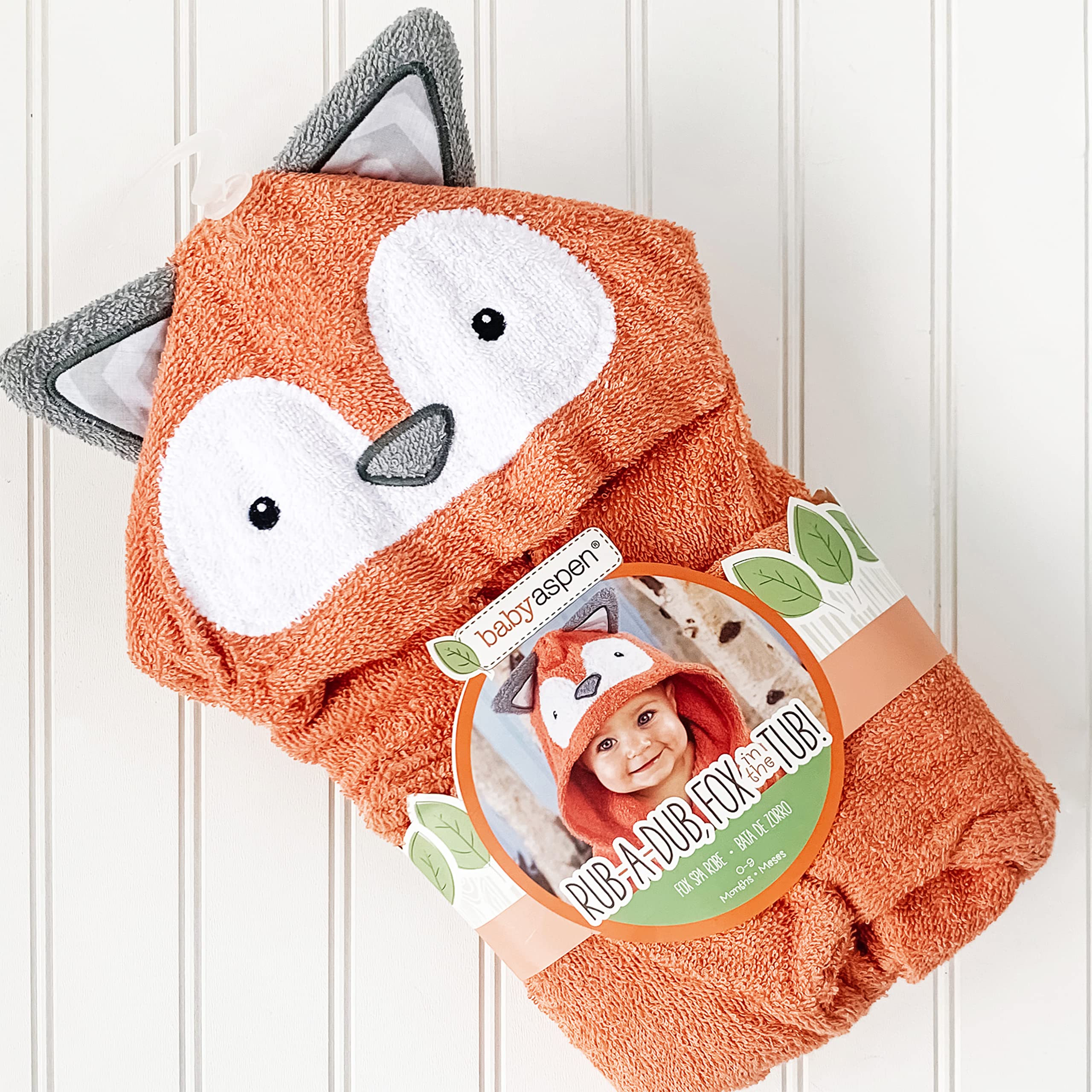 Baby Aspen Rub-a-dub Fox Hooded Towel cuff detail with chevron trim and charm.