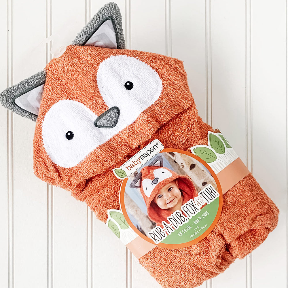 Baby Aspen Rub-a-dub Fox Hooded Towel cuff detail with chevron trim and charm.
