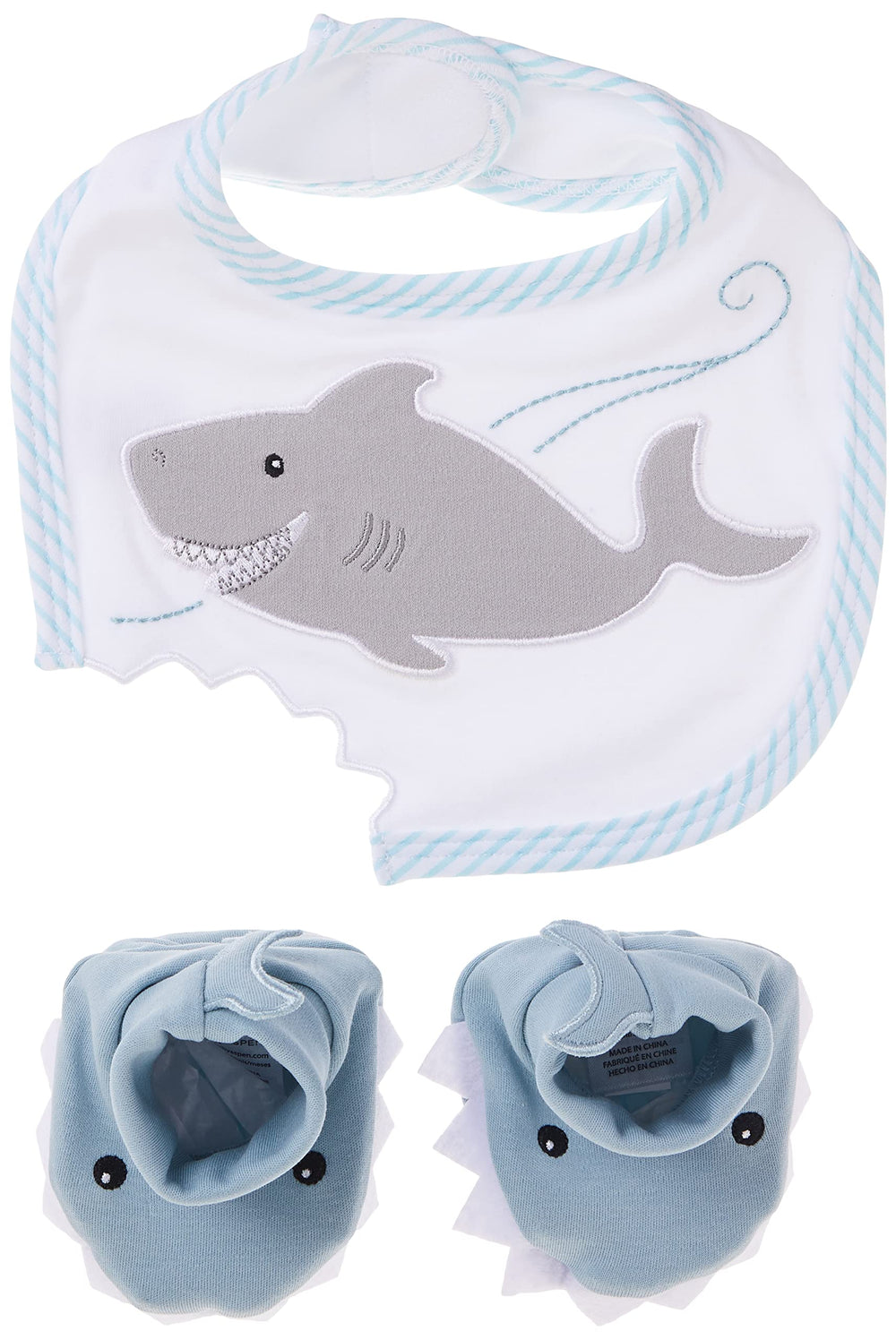 Baby Aspen Shark Bib closeup shows soft cotton, easy Velcro for fuss-free meals.