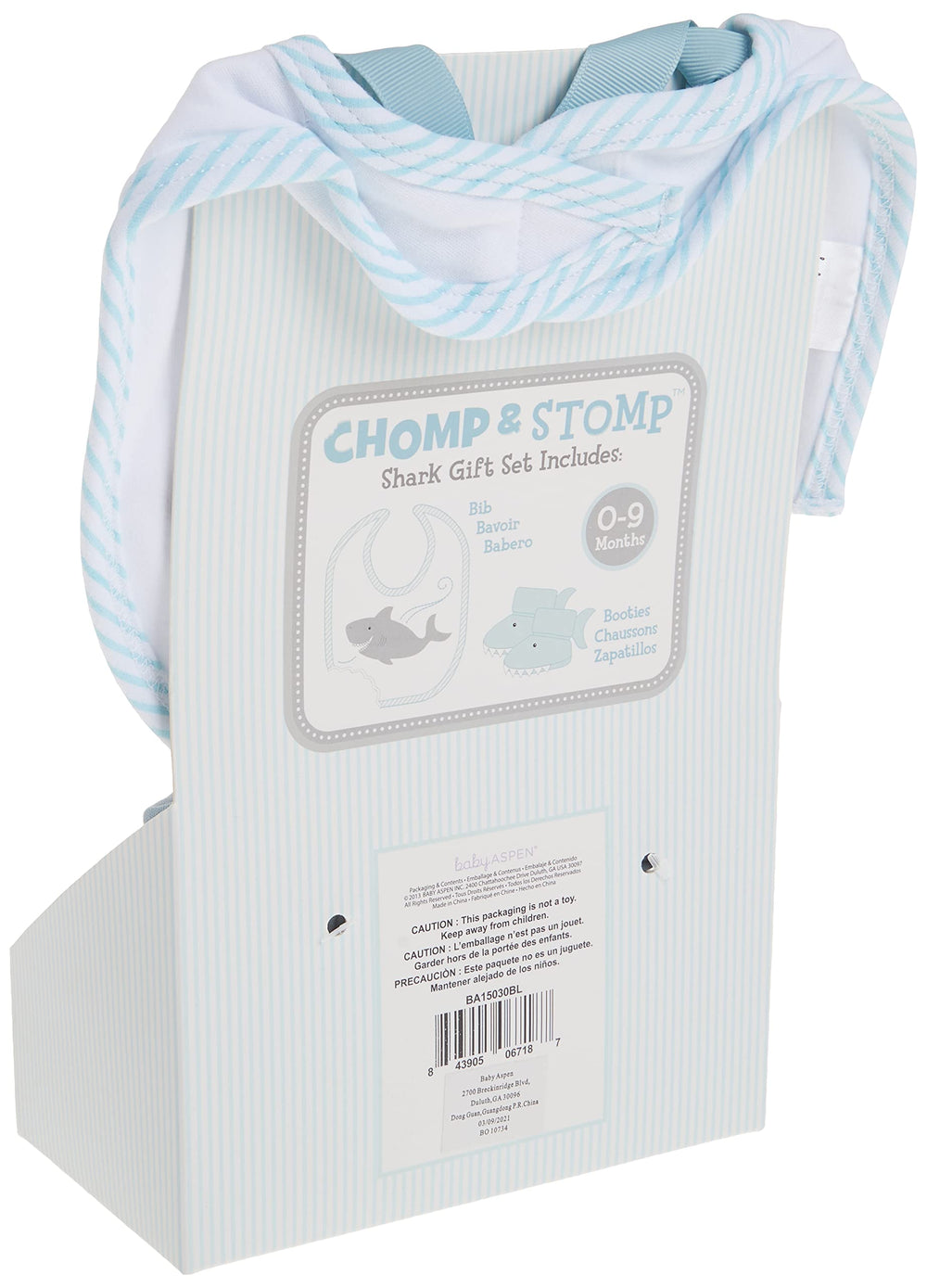 Baby Aspen Shark set on table displays baby boy essentials in ocean motif.