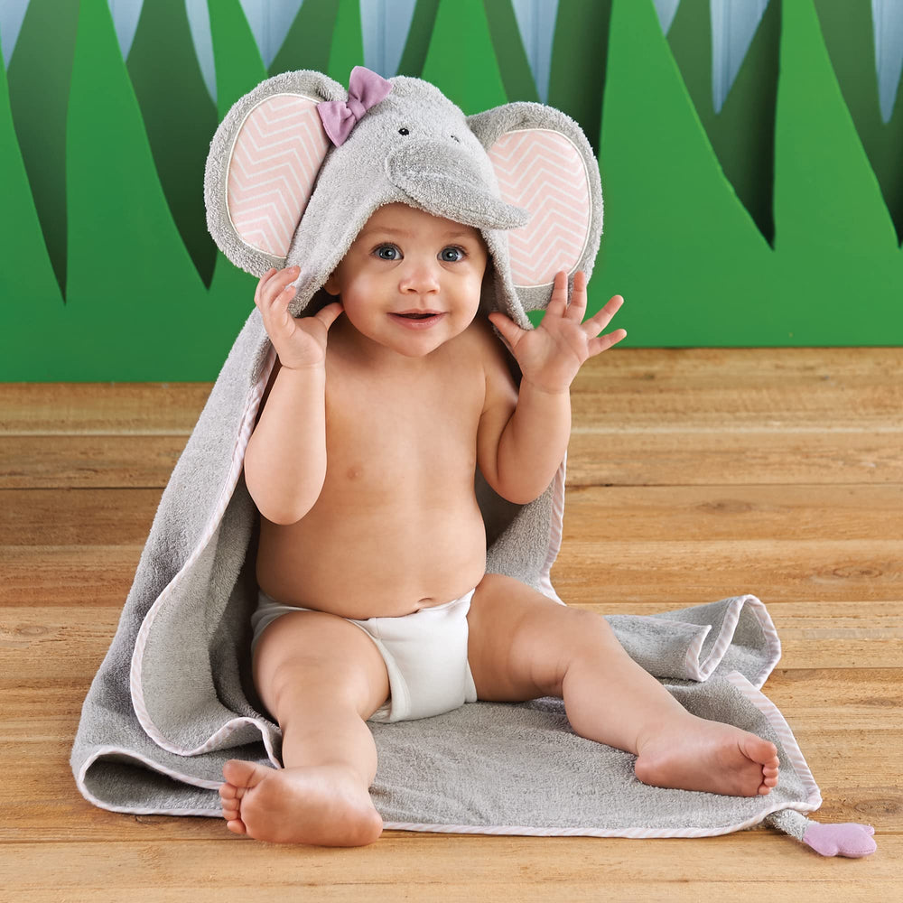 Splish Splash Elephant towel features embroidered eyes and a 3D trunk for adorable photo moments