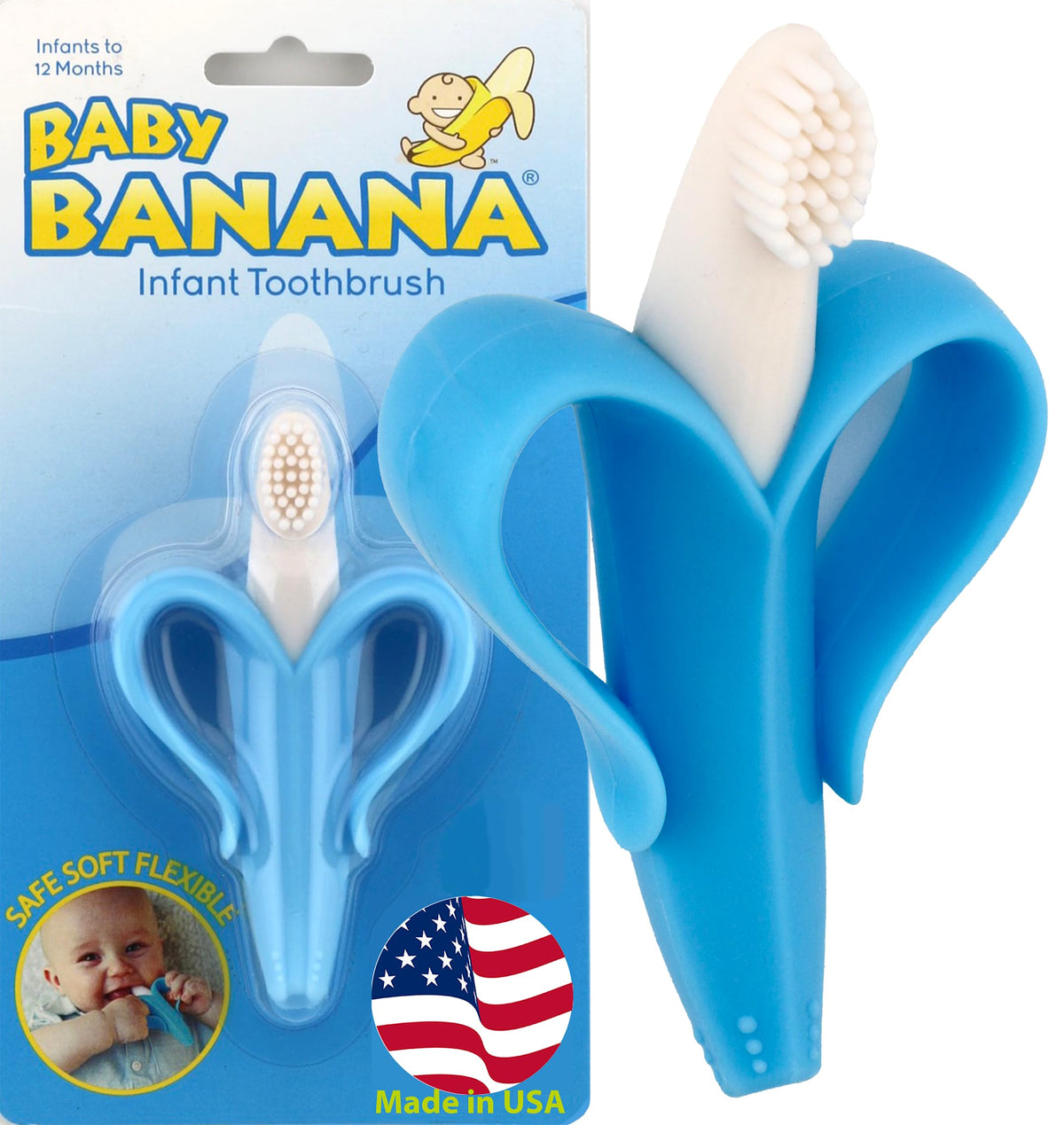 Baby Banana Blue Banana Brush closeup highlights soft silicone bristles for gentle gums and easy brushing.