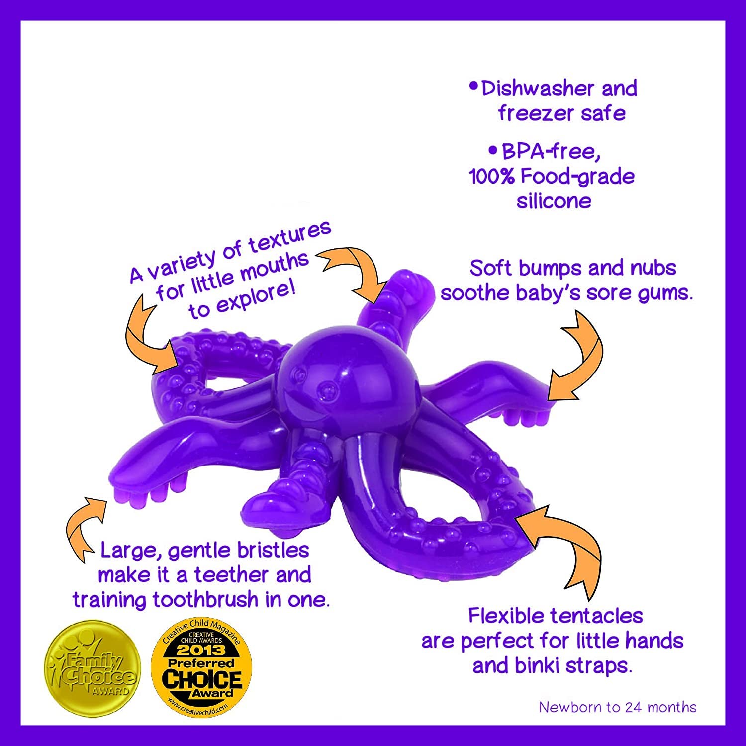 Baby Banana Octo-Brush attaches to pacifier strap for mess-free use