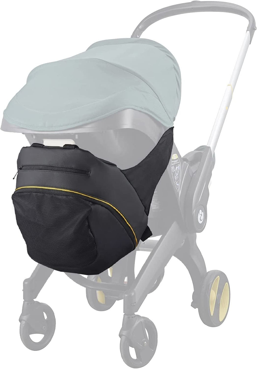 Baby & Beyond clip-on storage bag on Doona attachment keeps essentials within easy reach.