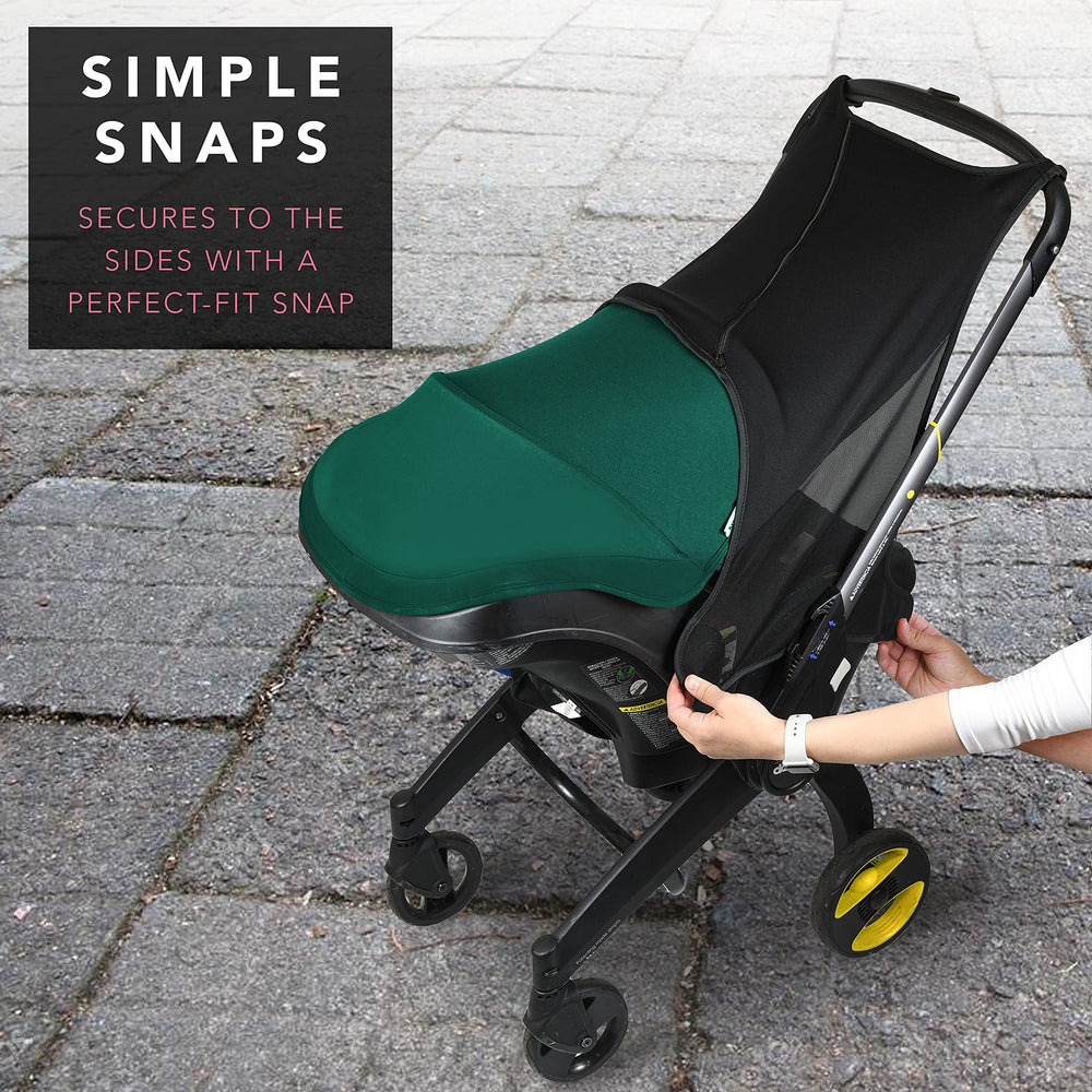 Baby & Beyond sunshade extension with UPF50+ protective layer shields bright sun.