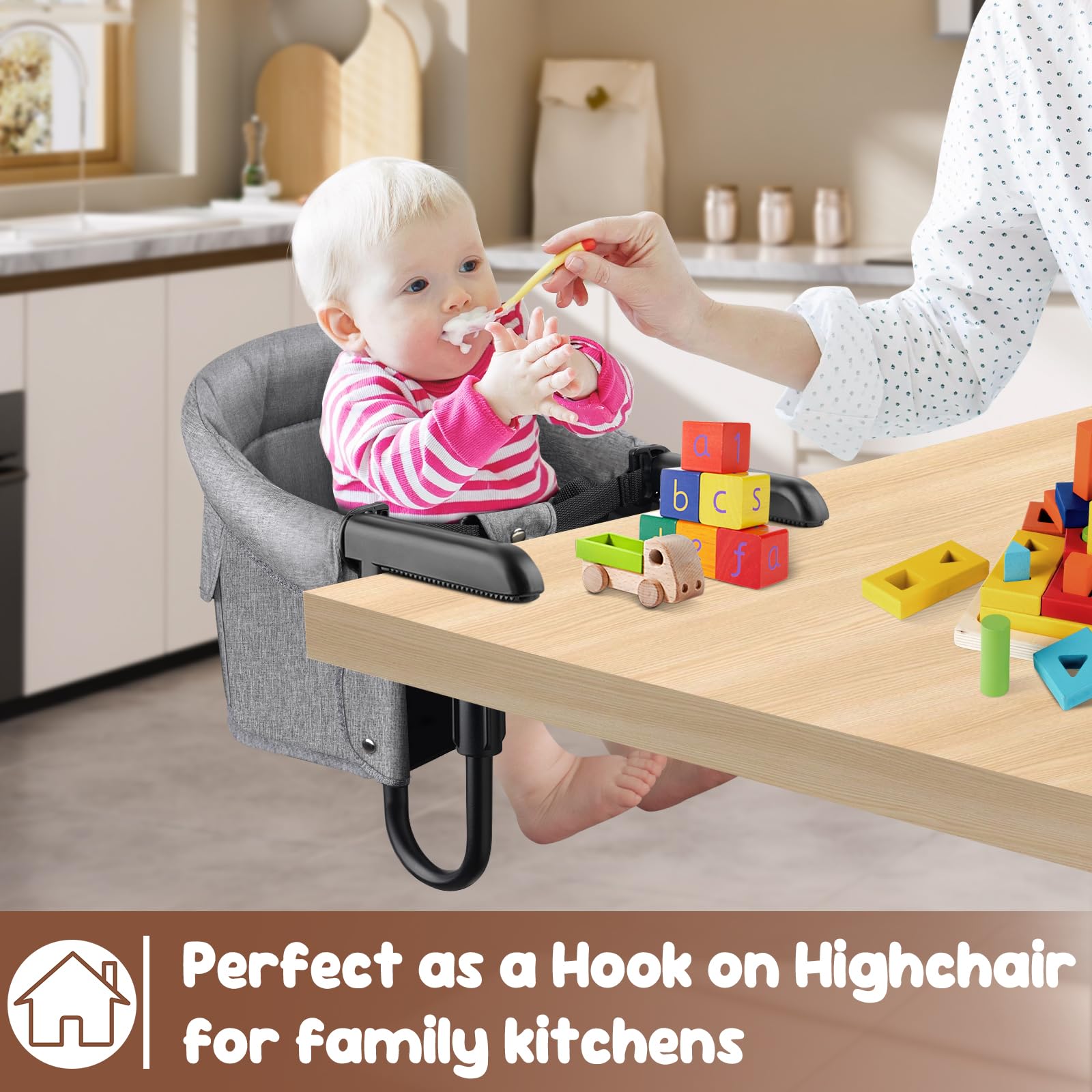 Baby Bliss grey hook-on chair in use during a family mealtime.