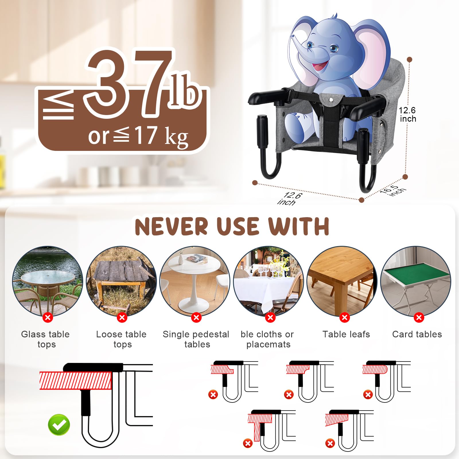 Baby Bliss hook-on chair attached to varying table thicknesses for quick meals.
