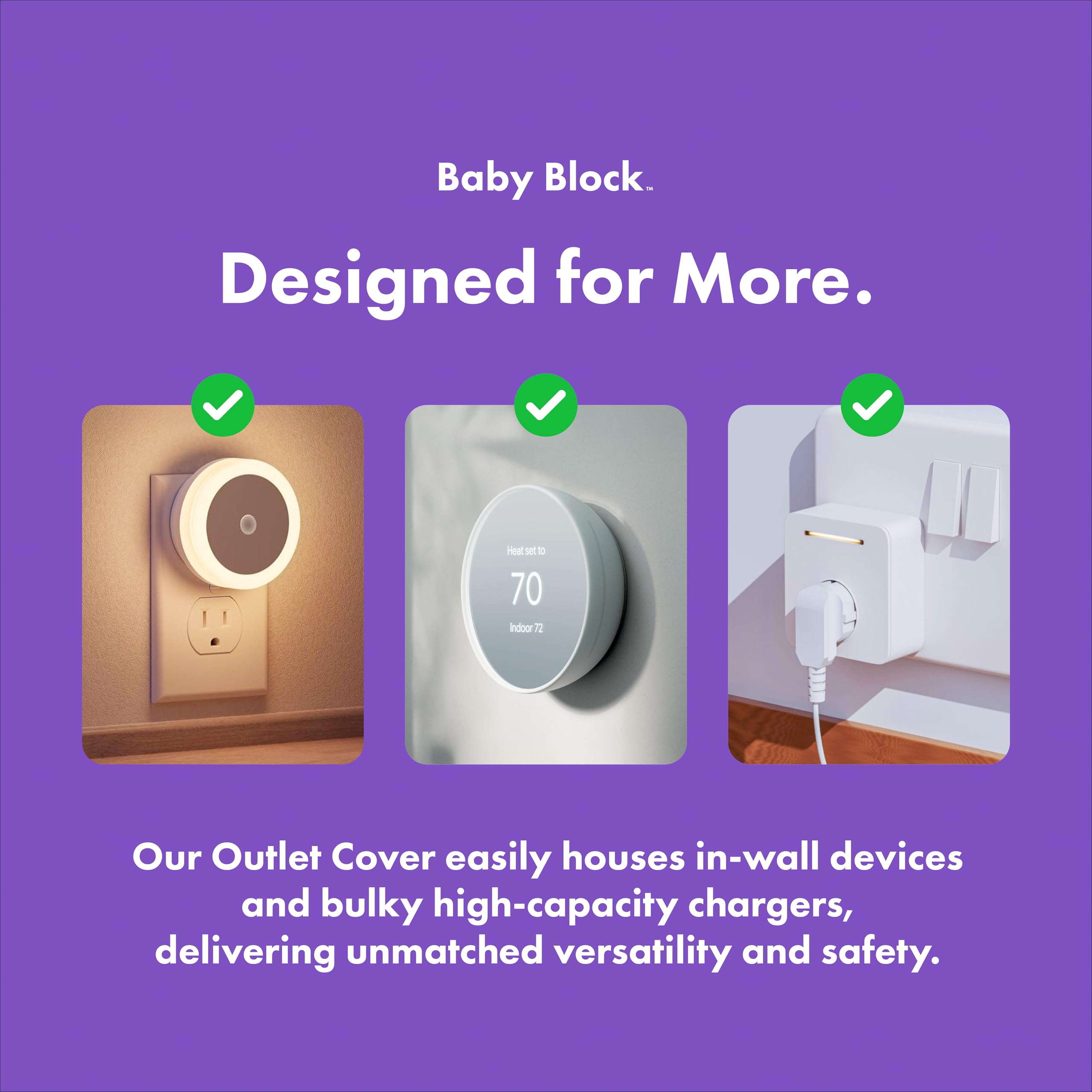 Baby Block oversized outlet cover supports deep switches for safer, cleaner outlets.