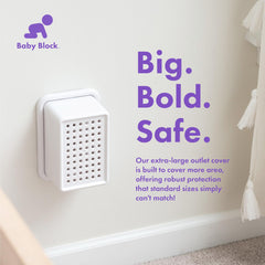 Baby Block oversized outlet cover accommodates wide adapters for clutter-free outlets.