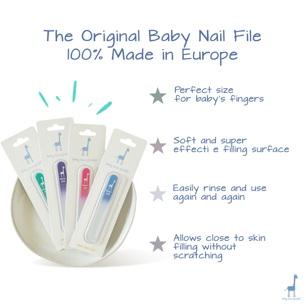 Baby Blue Giraffe nail file in newborn care setup demonstrating safe grooming.