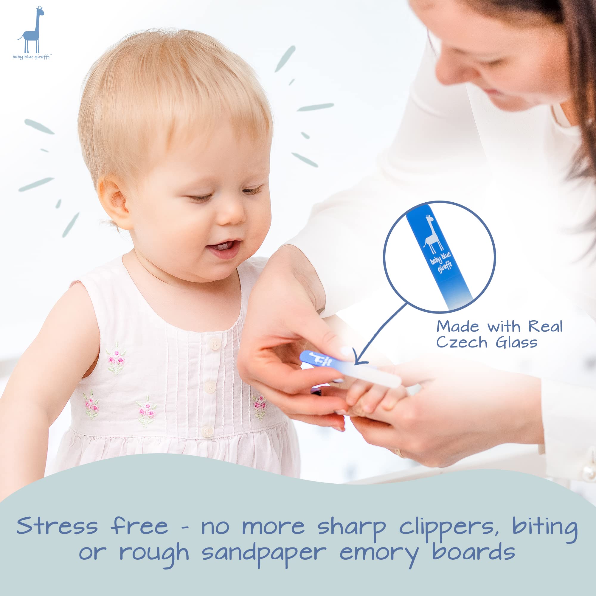 Baby Blue Giraffe nail file in use highlighting gentle, skin-friendly filing.