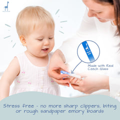Baby Blue Giraffe nail file in use highlighting gentle, skin-friendly filing.