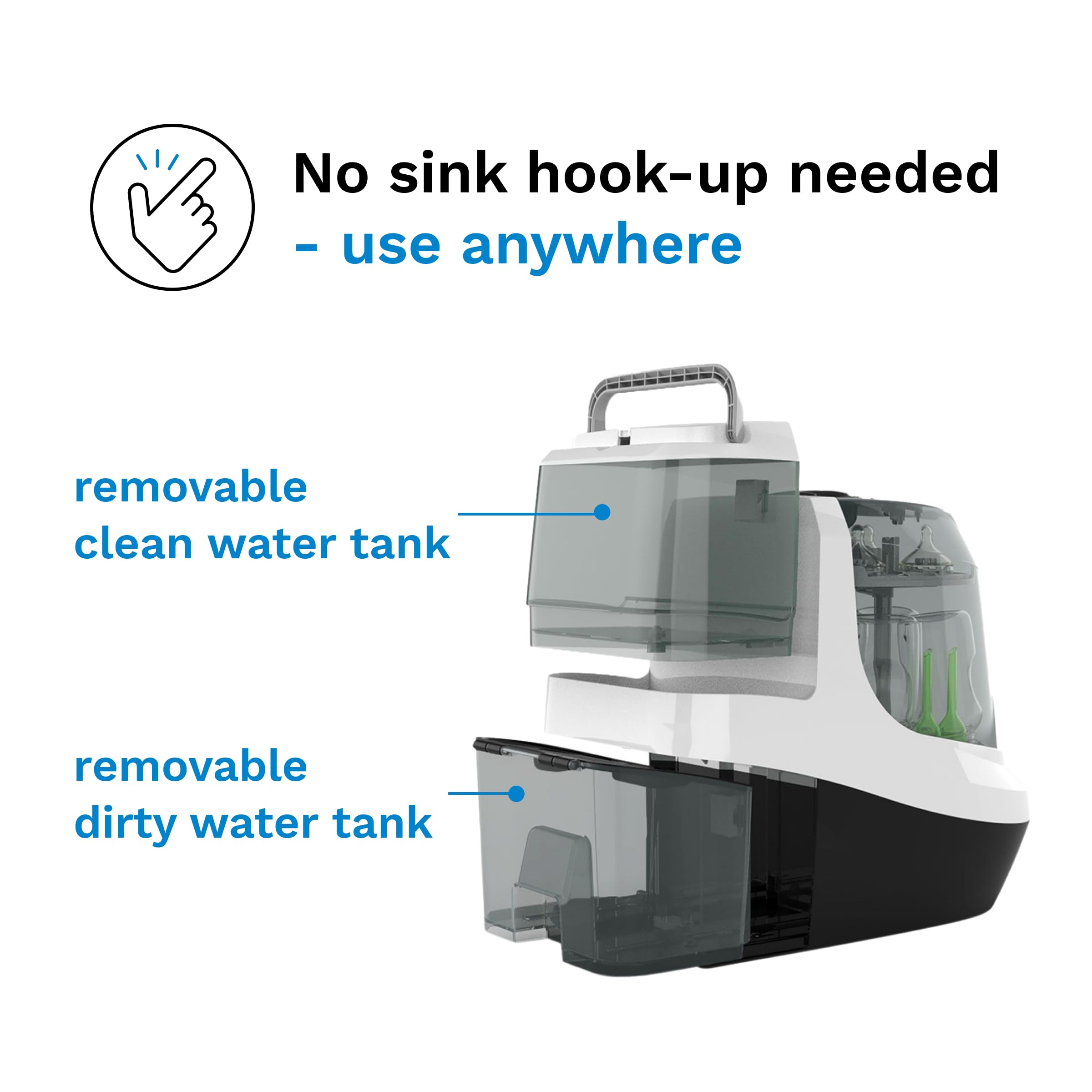 Baby Brezza Bottle Washer Pro removable-water-tanks illustrate mess-free setup