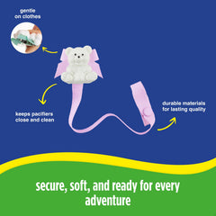 Baby Buddy Bear Pacifier Holder Clip on car seat offers easy reach during travel.