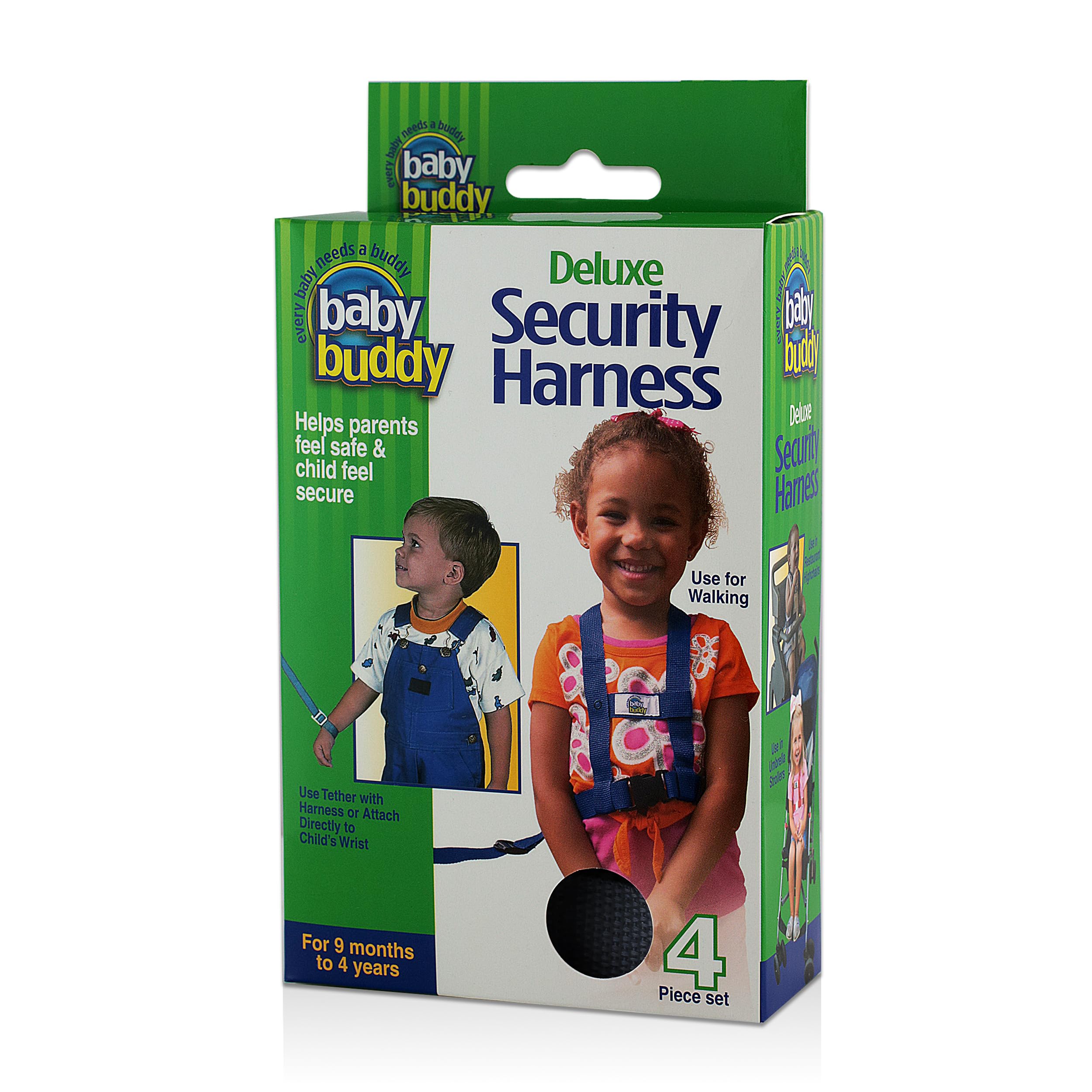 Baby Buddy Deluxe safety harness worn on toddler for close supervision during outings.