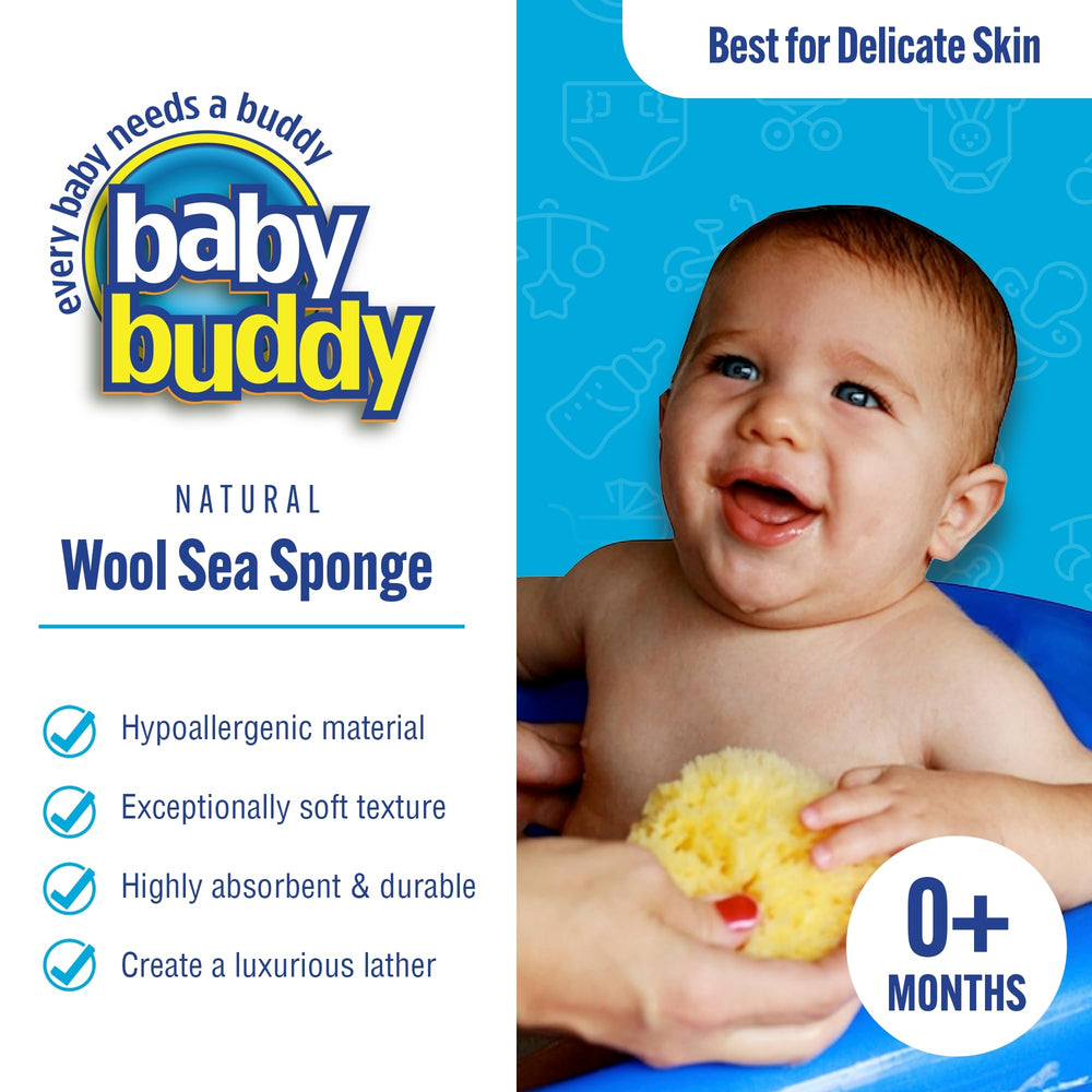 Baby Buddy sea wool sponge highlights hypoallergenic, eco-friendly bath time.