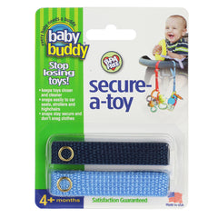 Baby Buddy Secure-A-Toy attached to stroller to keep toys clean and reachable.