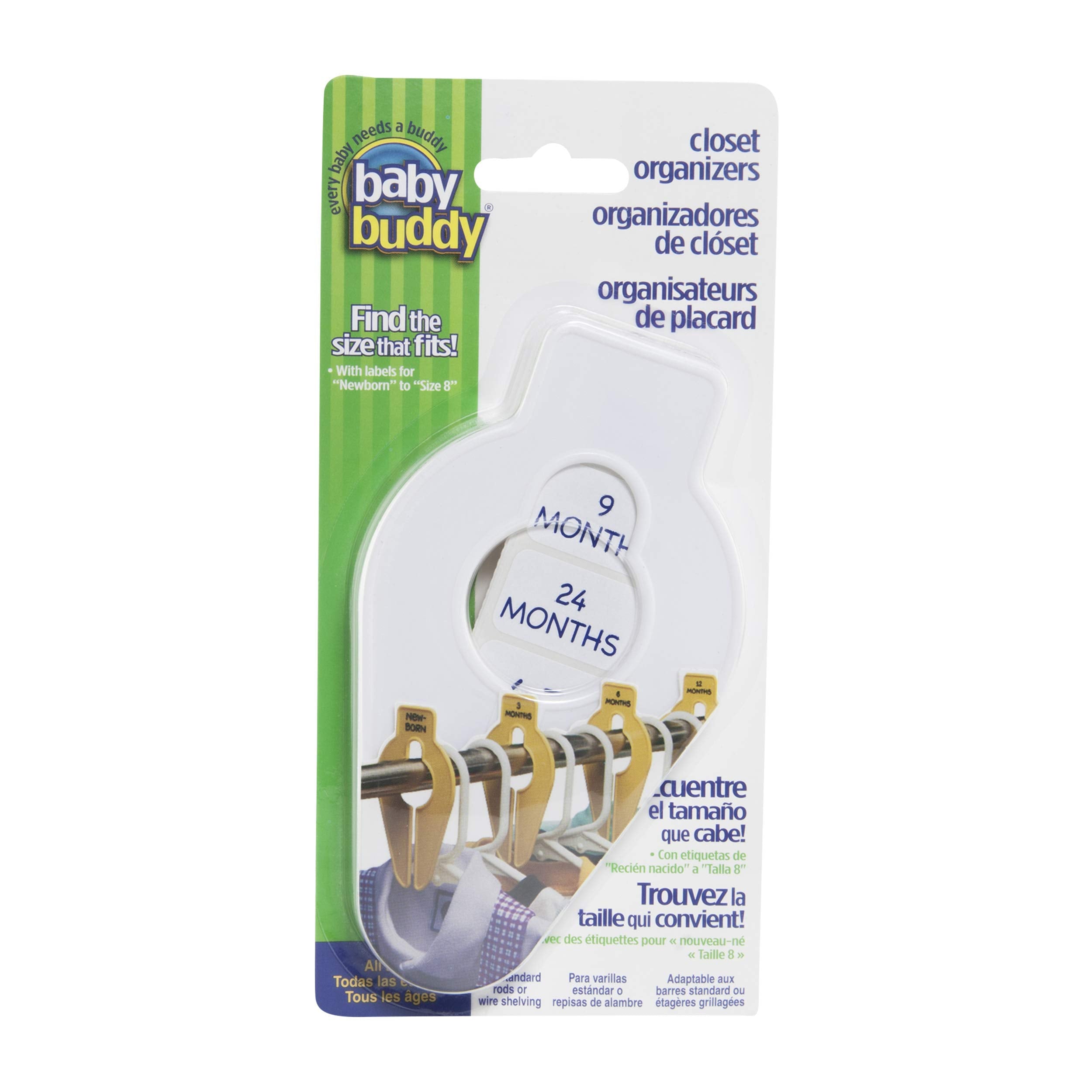 Baby Buddy Size-It closet dividers set on a rod for easy organization.