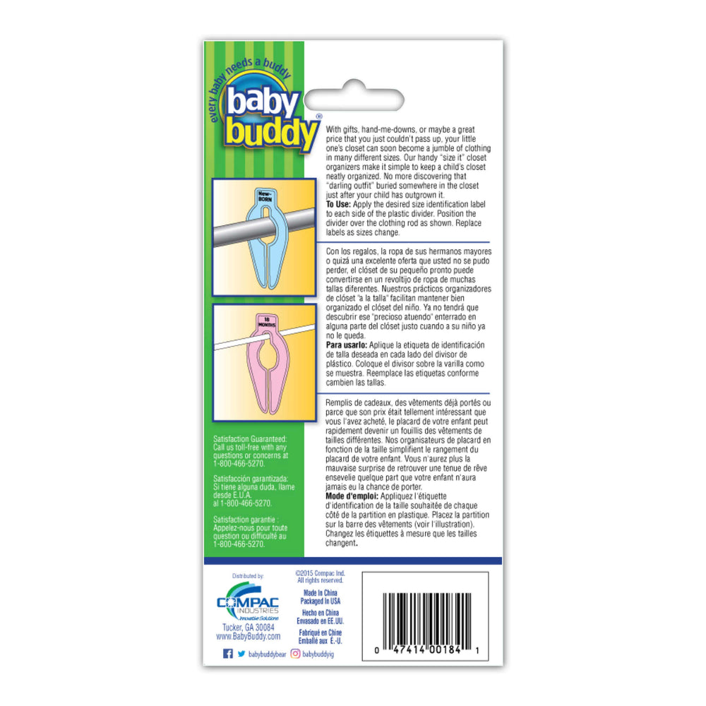 Baby Buddy Size-It color-coded dividers separate siblings' clothes at a glance