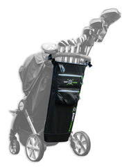Baby Caddie golf bag on stroller enables easy club access.