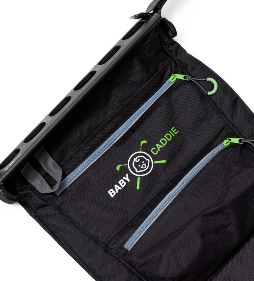 Baby Caddie organizer pockets hold balls, tees, and gloves.