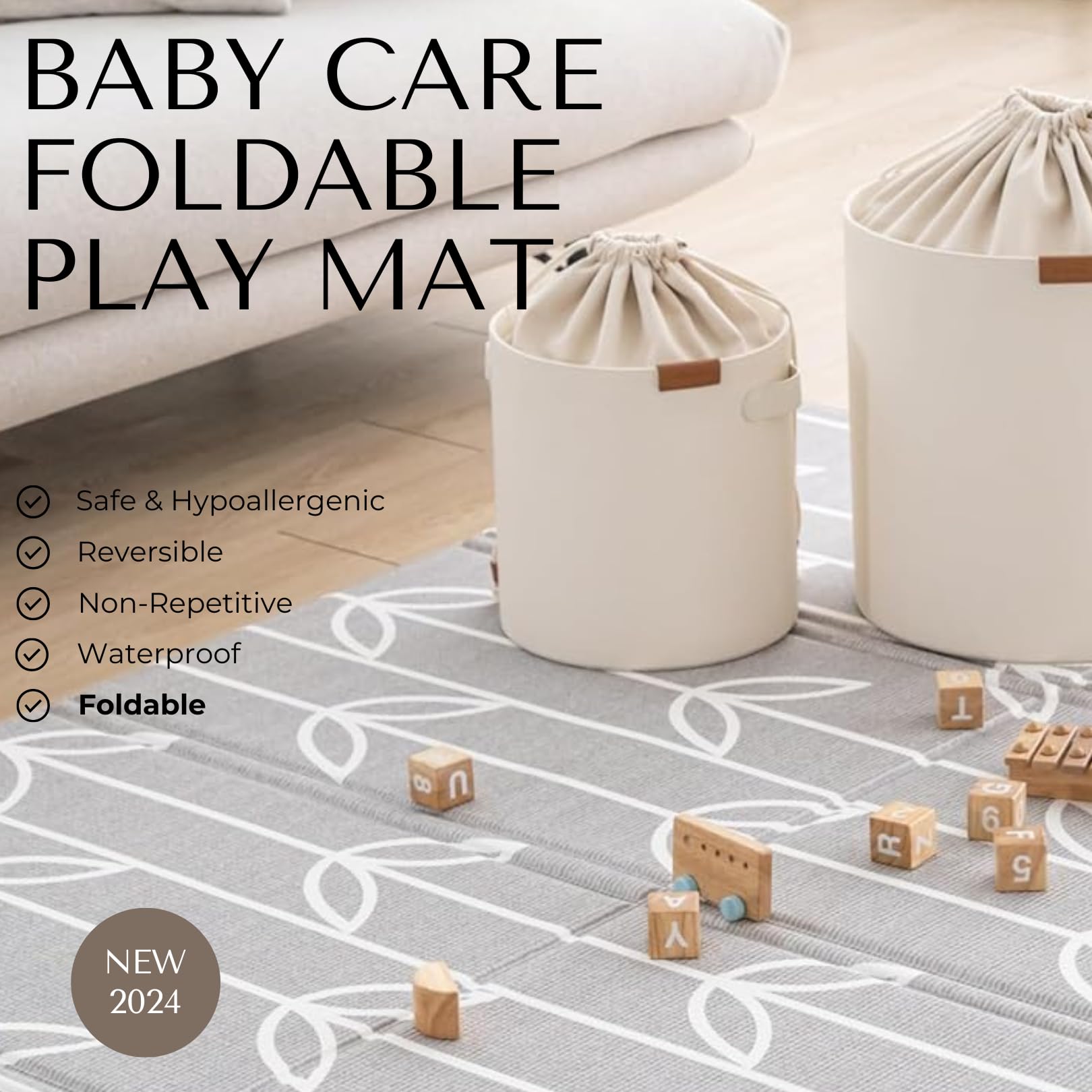 Baby Care Foldable Mat Sea Petals Gray folded for quick storage and portability.