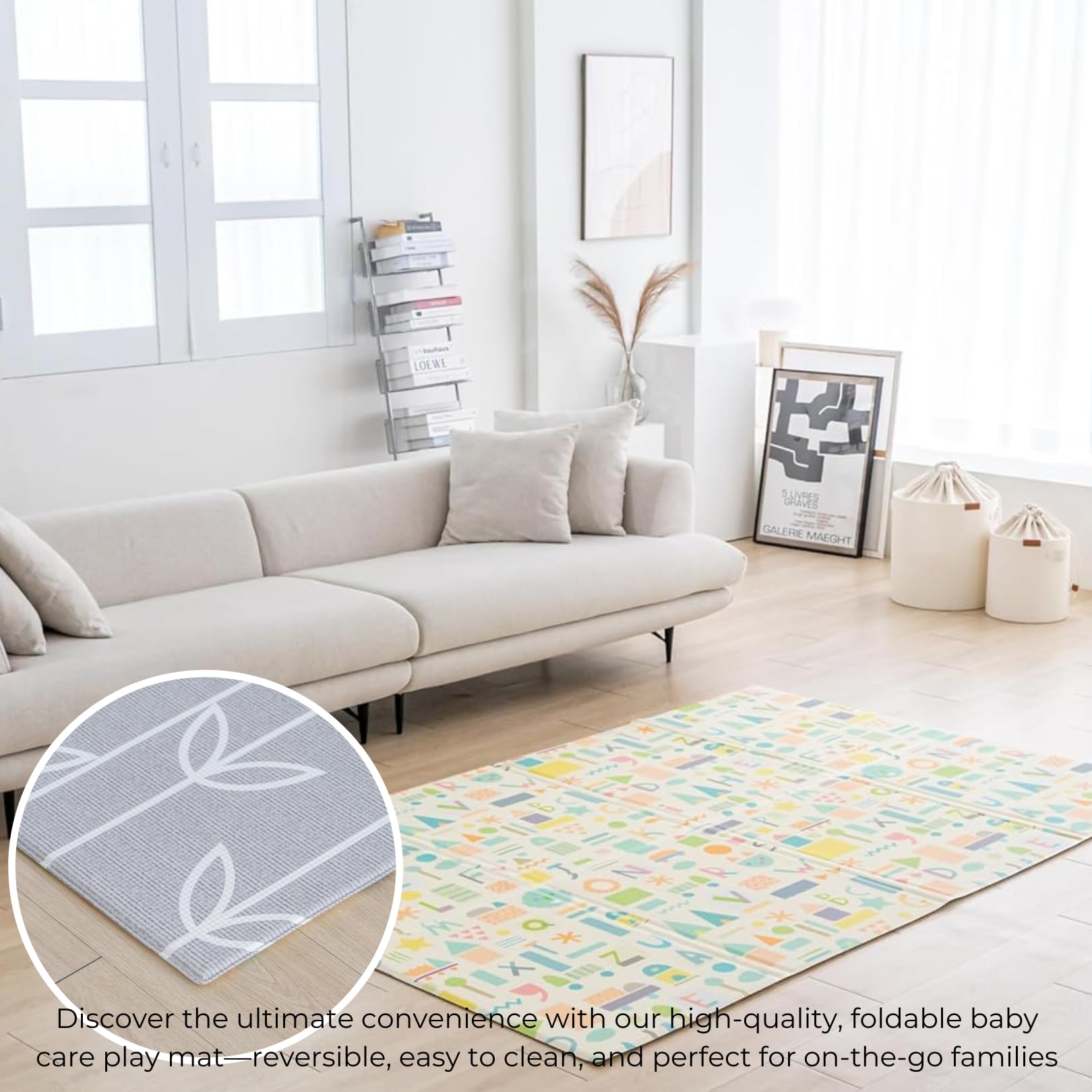 Baby Care Foldable Mat Sea Petals Gray waterproof surface is easy to wipe clean.