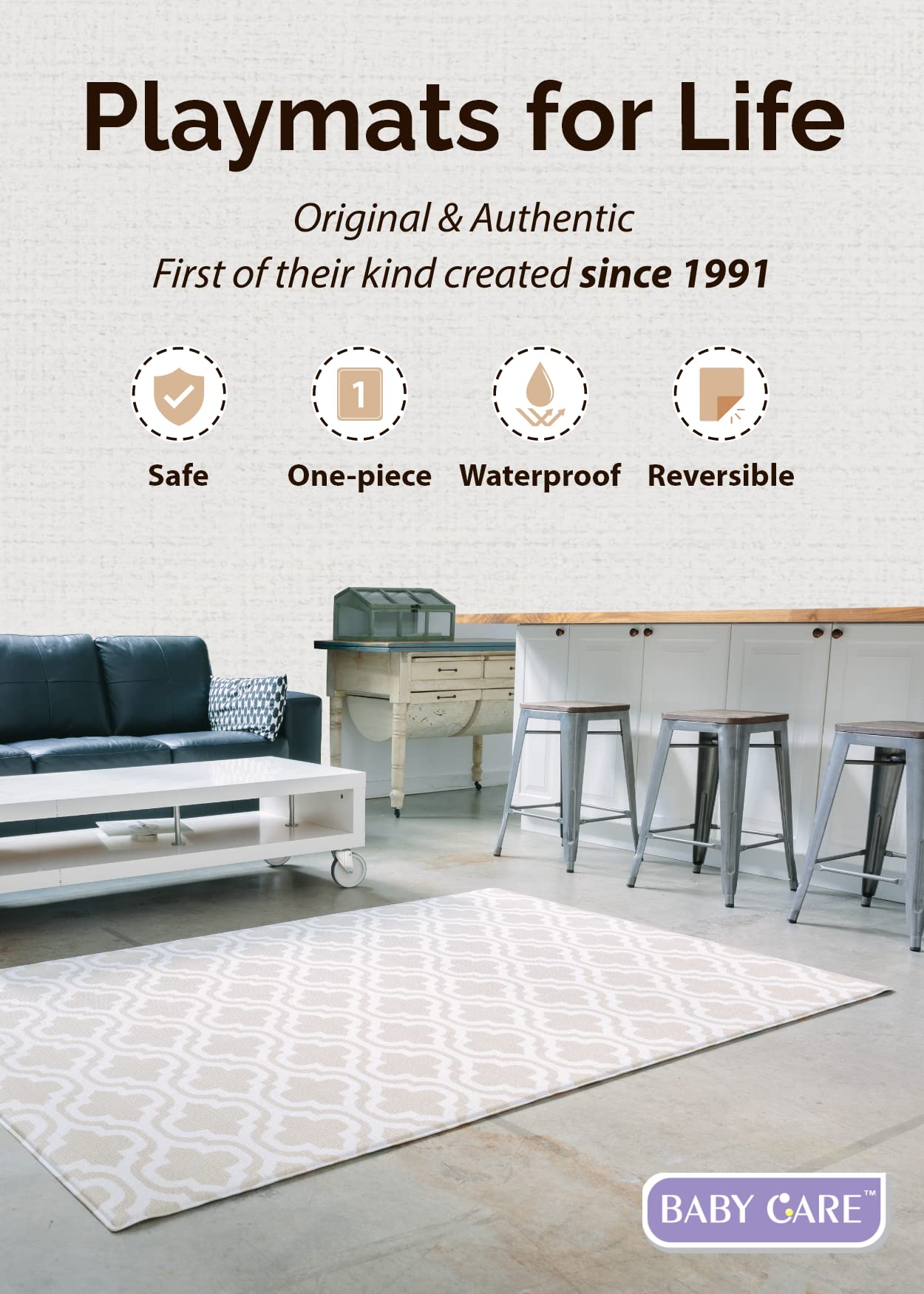 Baby Care Play Mat one-piece design delivers seamless surface for crawlers.