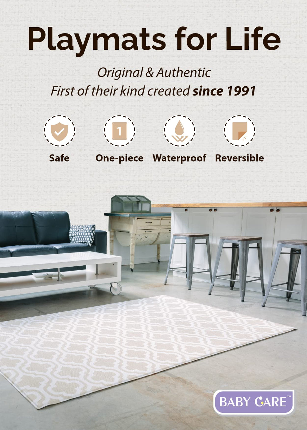 Baby Care Play Mat one-piece design delivers seamless surface for crawlers.