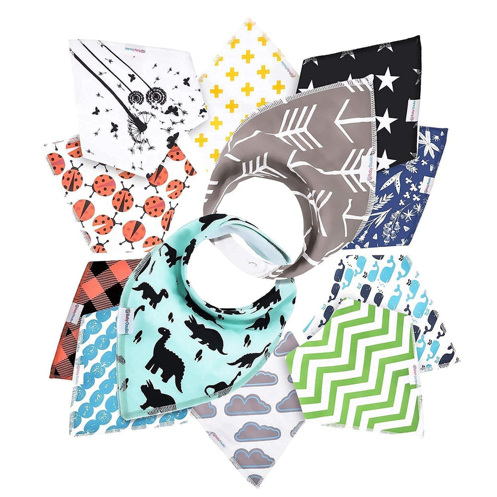 Baby Daulia bandana bib 12-pack design keeps outfits clean during teething and drool.