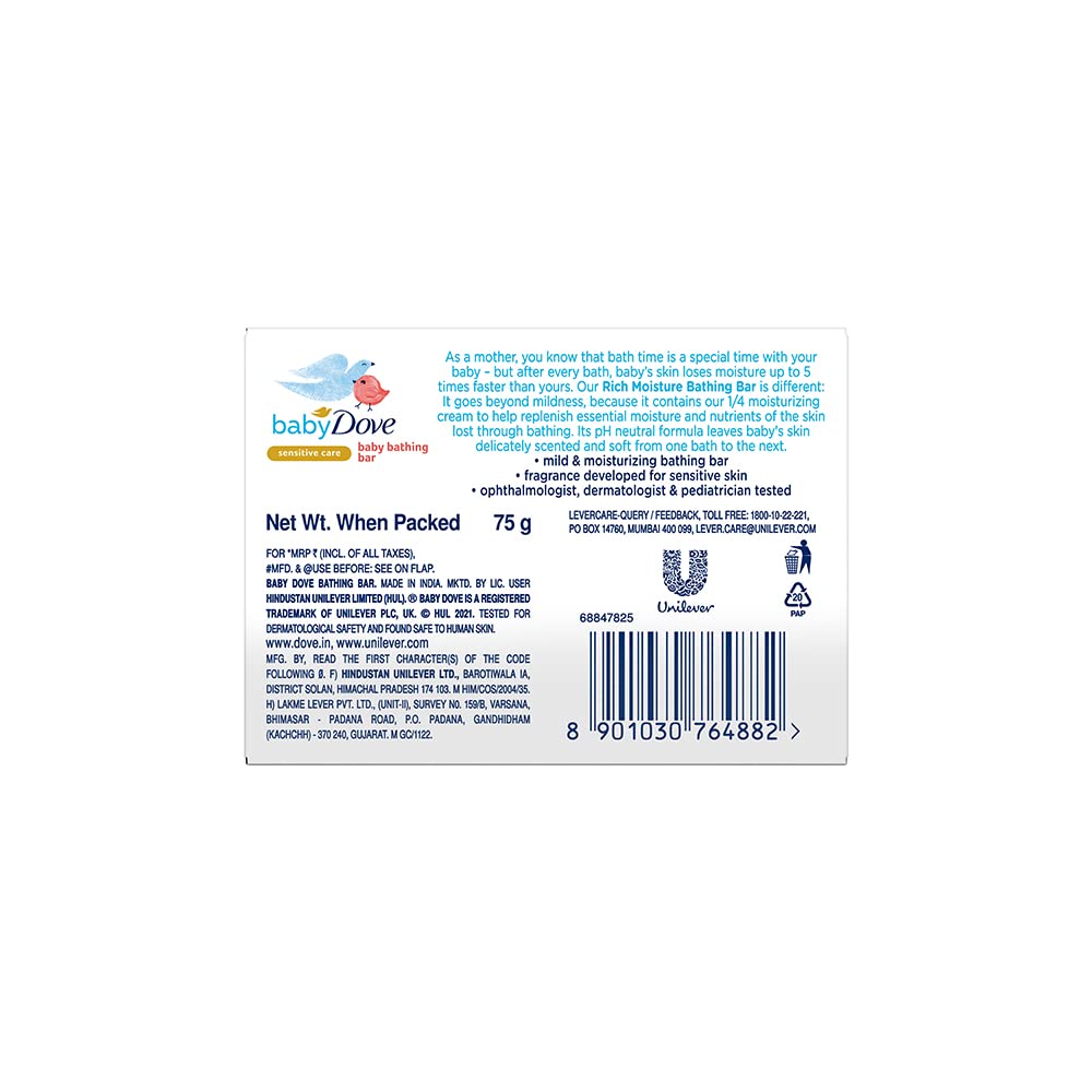 Baby Dove bar closeup with bubbles suggests mild, hydrating bath experience.