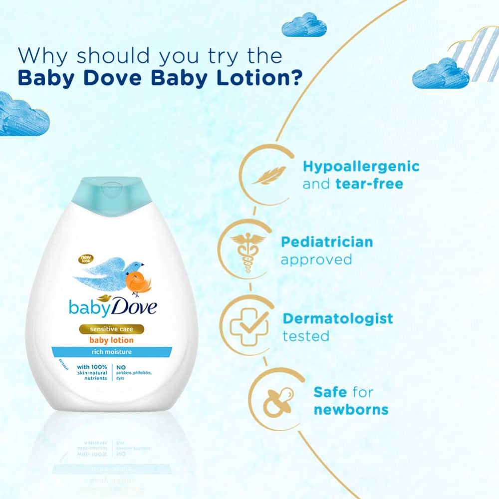 Daily use routine with Baby Dove Rich Moisture Lotion for ongoing skin softness and nourishment.