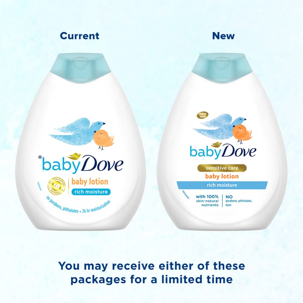 Baby Dove Rich Moisture Lotion texture closeup shows creamy, nourishing formula for delicate baby skin.