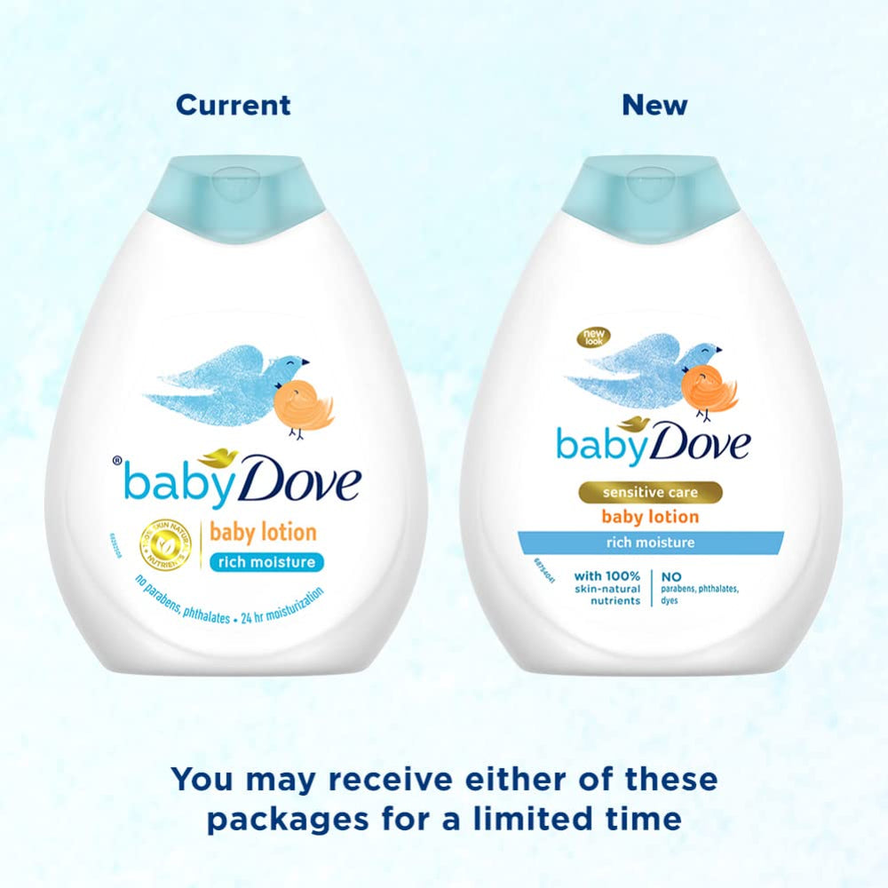 Baby Dove Rich Moisture Lotion texture closeup shows creamy, nourishing formula for delicate baby skin.