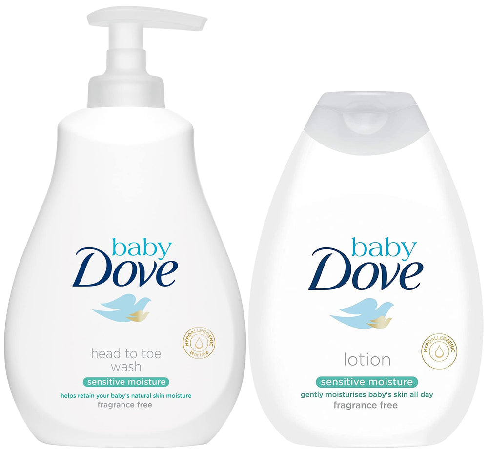 Baby Dove Sensitive Moisture Bundle tip-to-toe wash and lotion for newborn skin, fragrance-free care.