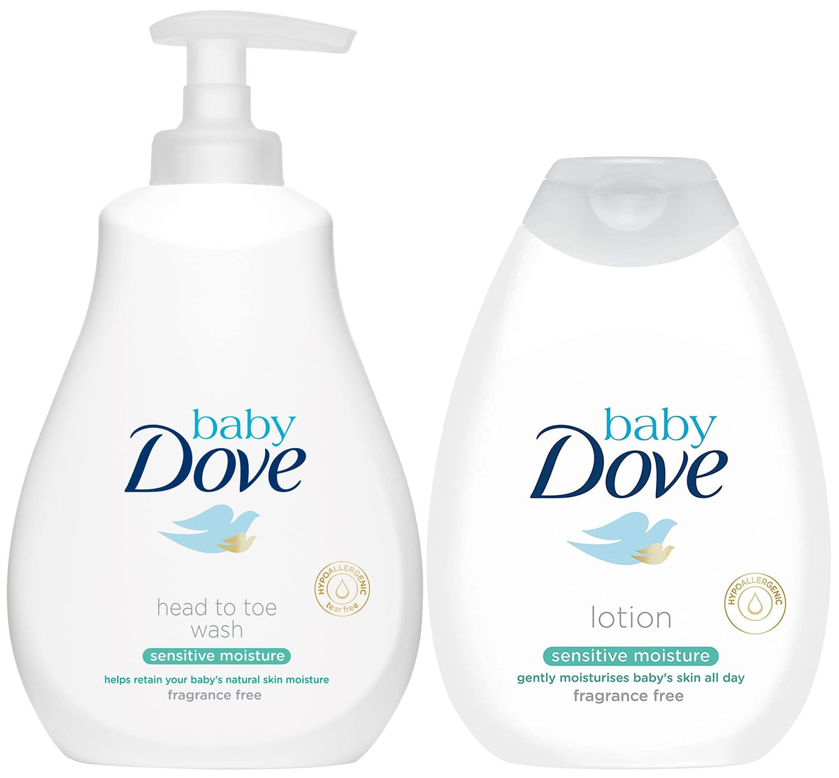 Baby Dove Sensitive Moisture Bundle tip-to-toe wash and lotion for newborn skin, fragrance-free care.