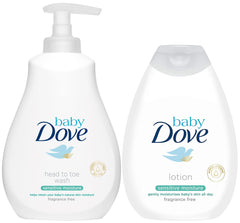 Baby Dove Sensitive Moisture Bundle tip-to-toe wash and lotion for newborn skin, fragrance-free care.