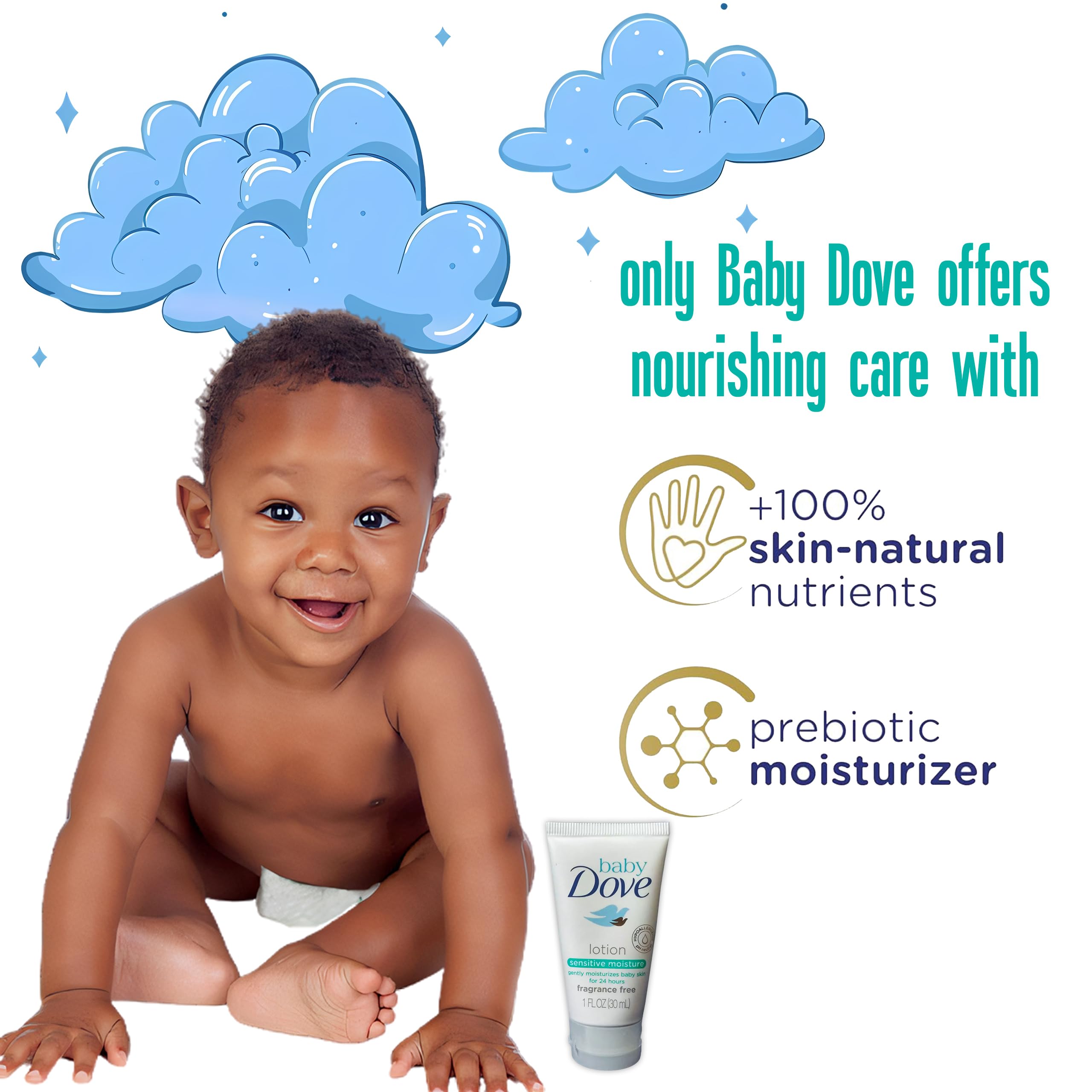 Baby Dove lotion being applied to a baby's arm showing gentle absorption.