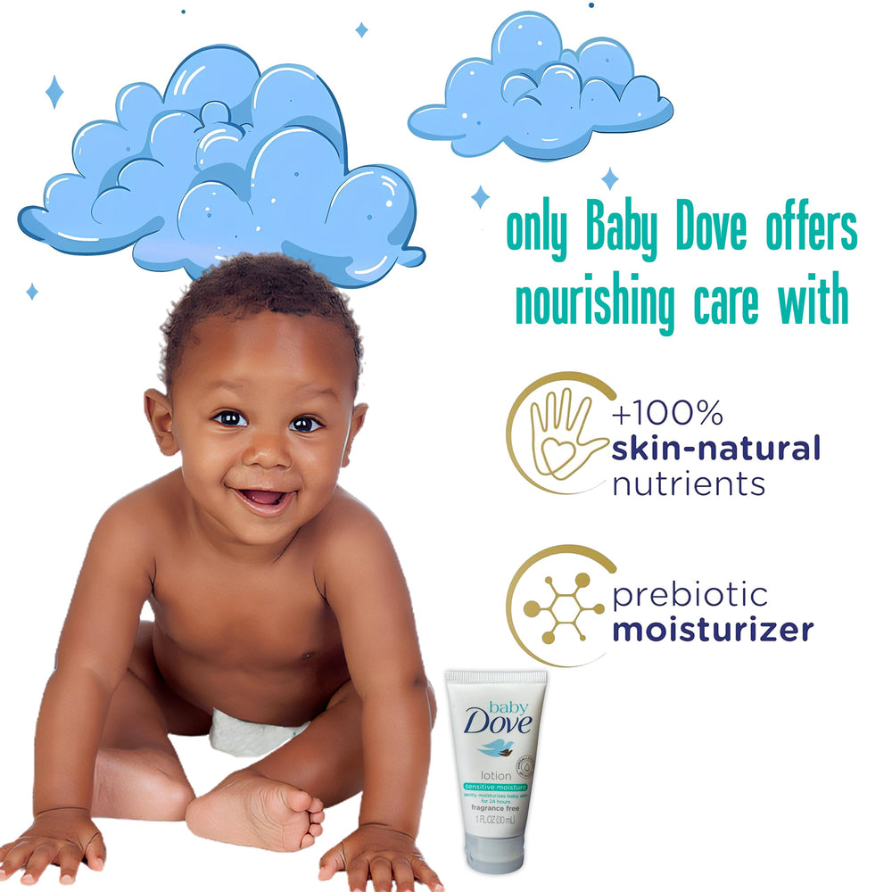Baby Dove lotion being applied to a baby's arm showing gentle absorption.