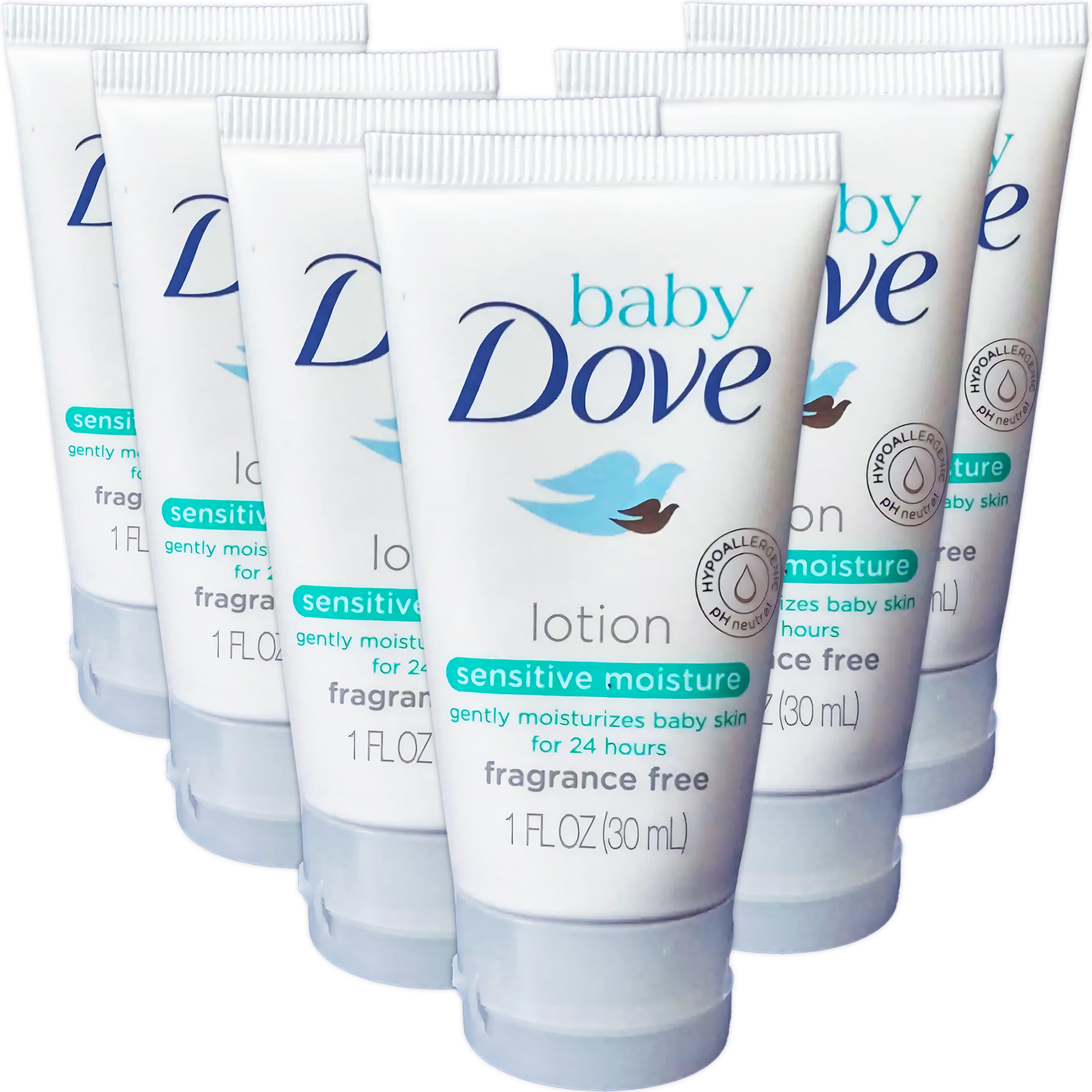 Baby Dove Sensitive Moisture lotion bottle with fragrance-free formula for delicate skin hydration.