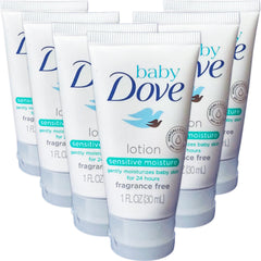 Baby Dove Sensitive Moisture lotion bottle with fragrance-free formula for delicate skin hydration.