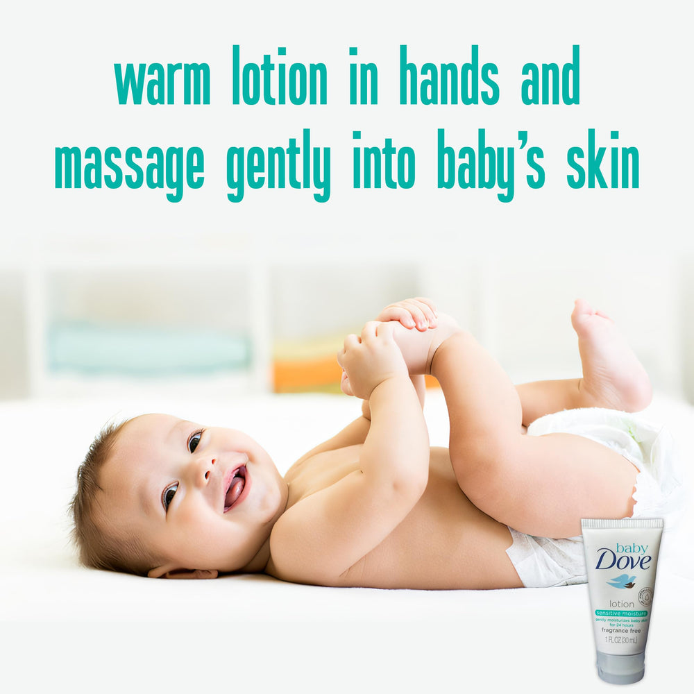 Baby Dove Sensitive Moisture lotion with dermatologist-tested badge signals safety.