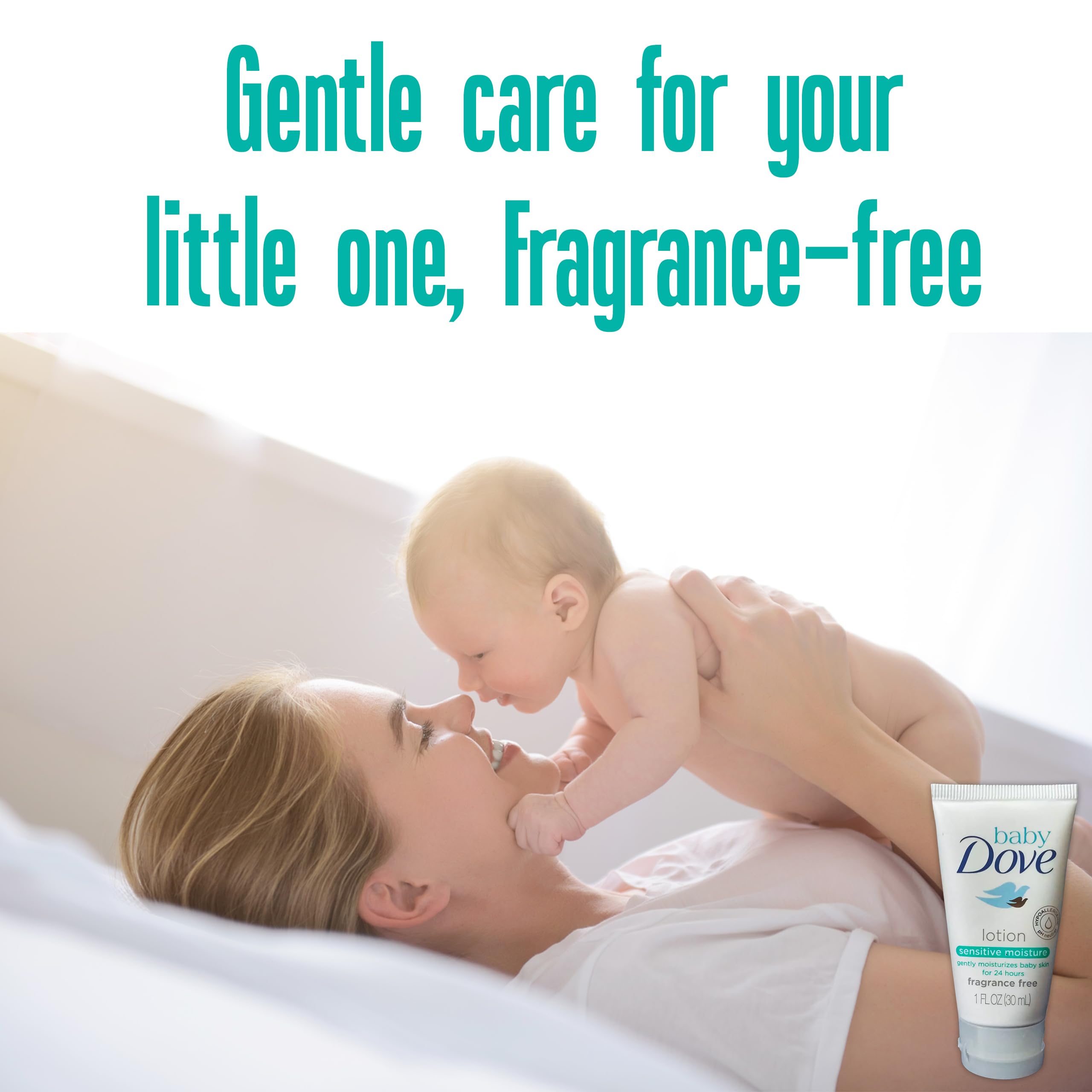 Baby Dove Sensitive Moisture fragrance-free label highlights gentle, hypoallergenic care.