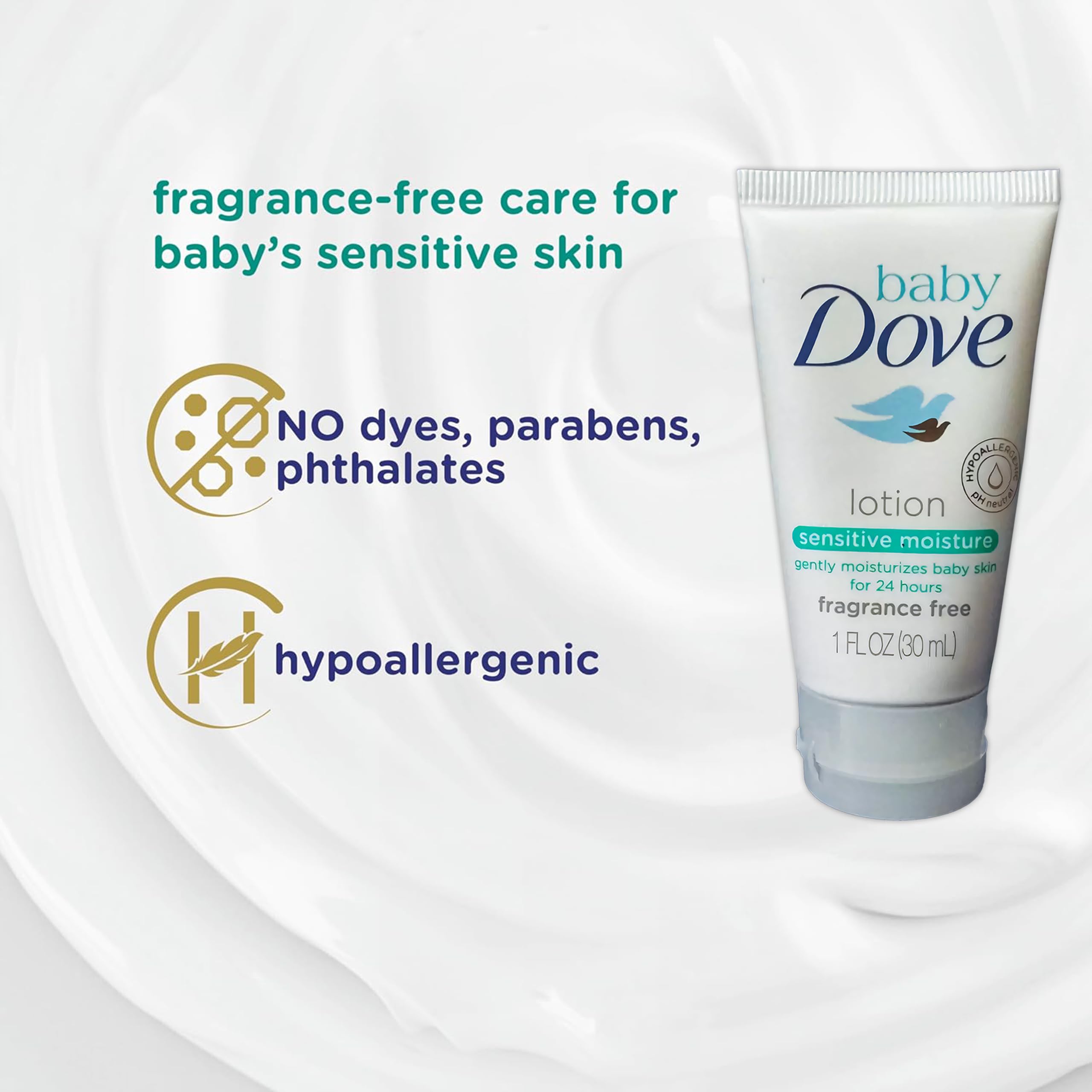 Baby Dove packaging highlights fragrance-free, soothing hydration for delicate skin.
