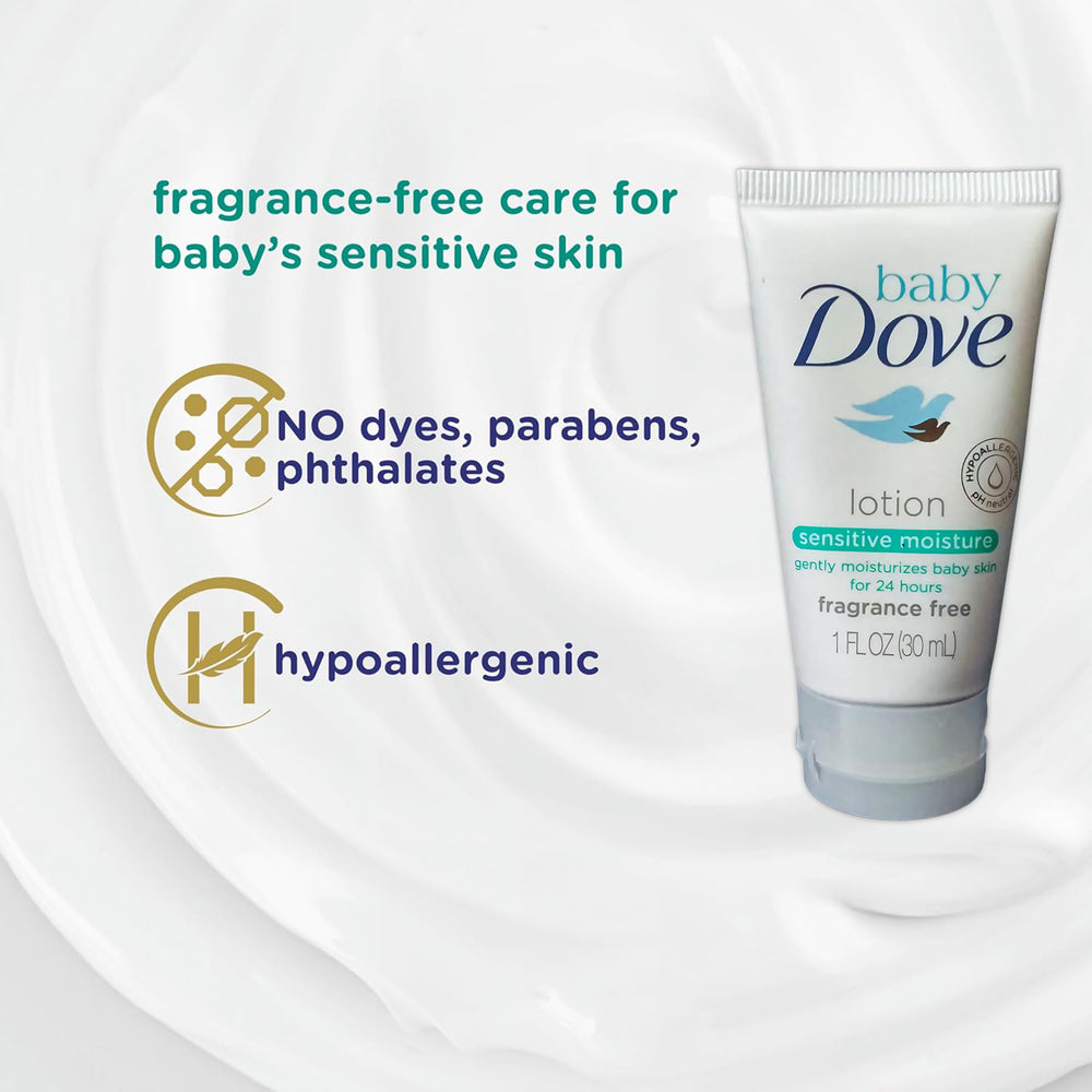 Baby Dove packaging highlights fragrance-free, soothing hydration for delicate skin.