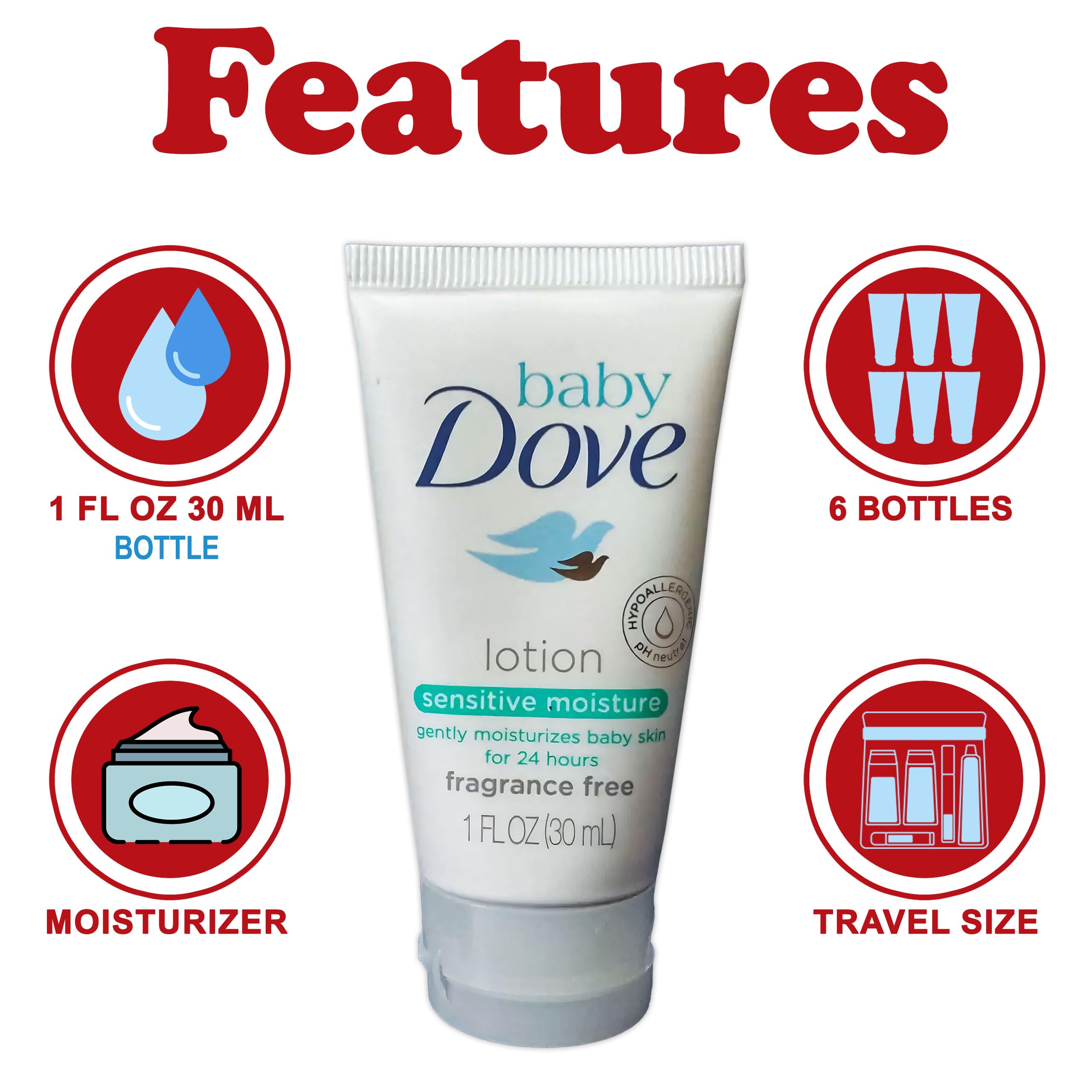 Baby Dove Sensitive Moisture travel-size bottle on-the-go hydration for sensitive skin.