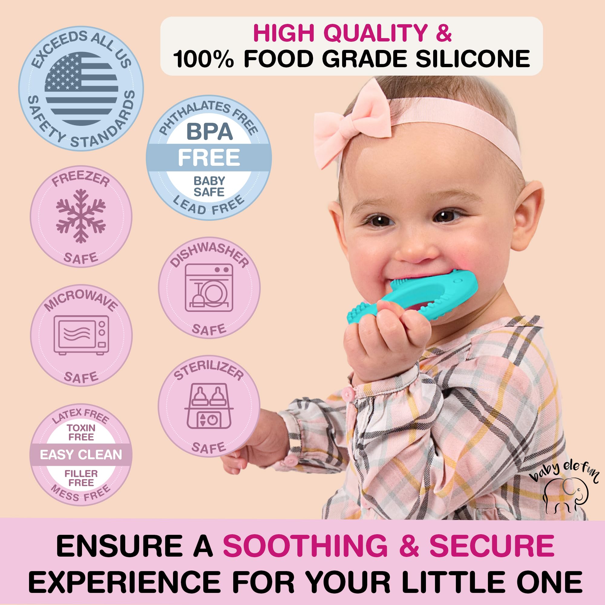 Baby Elefun freezer-safe design supports cool relief or warm comfort