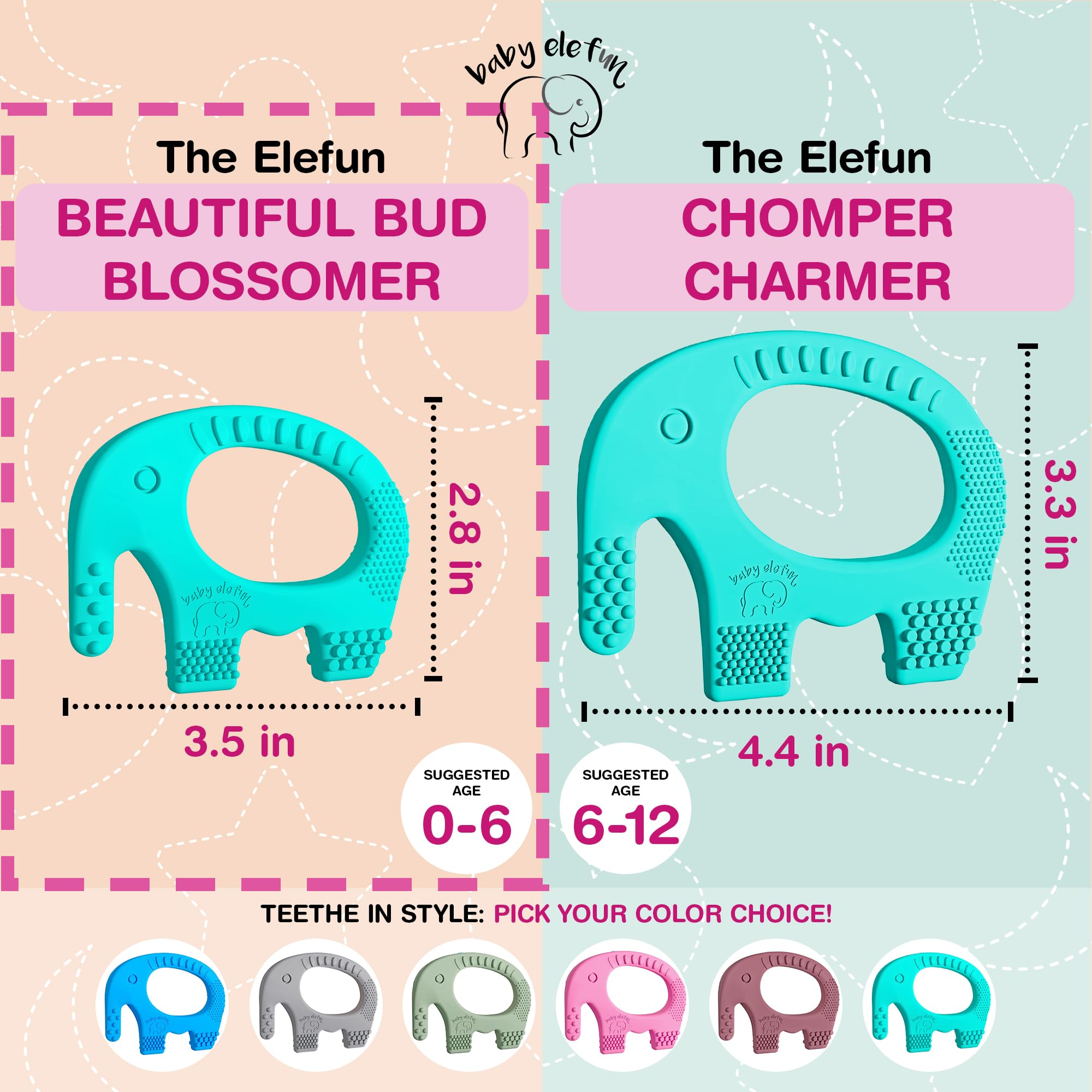 Baby Elefun microwave-safe option enables gentle warmth to soothe swollen gums