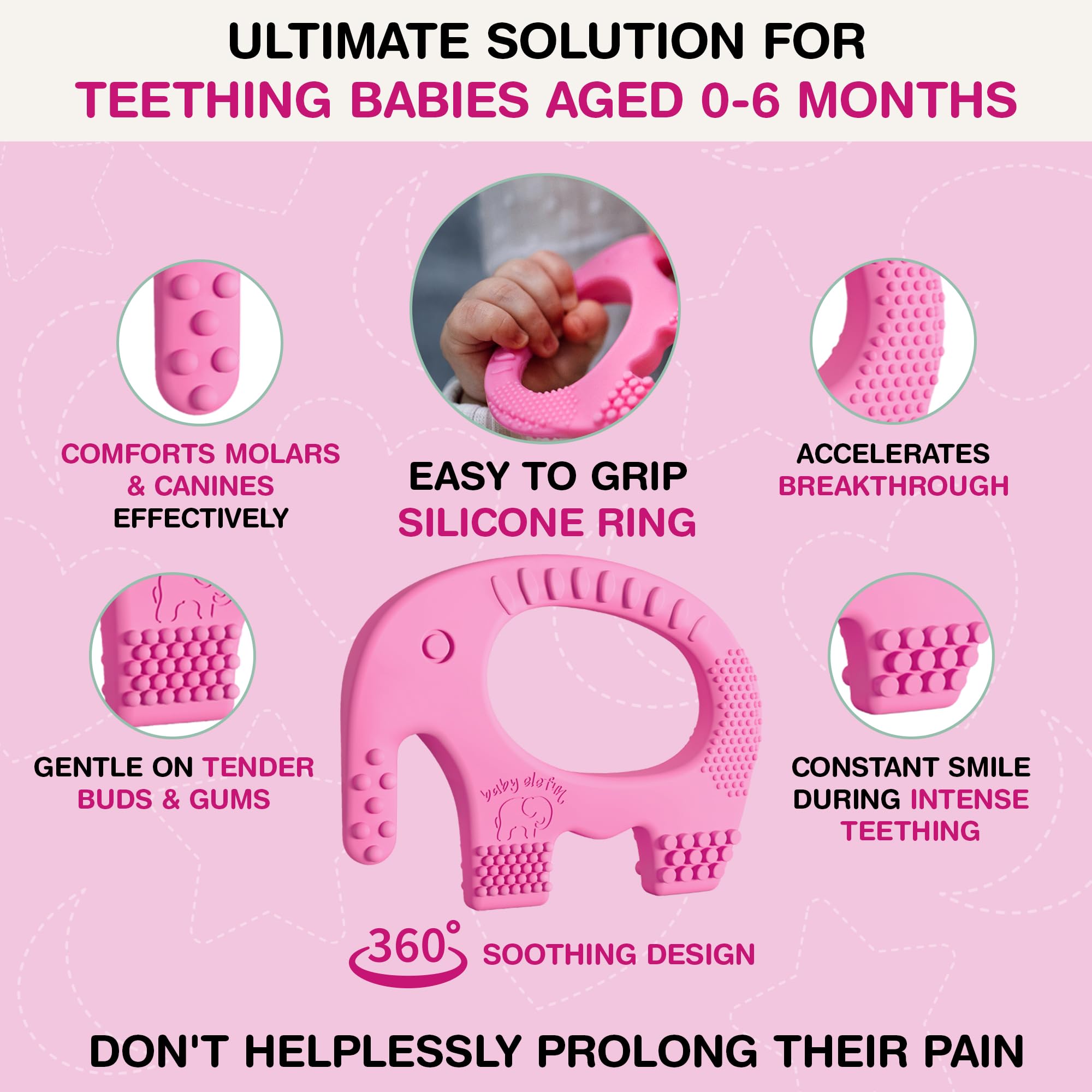 Baby Elefun teether compact and portable for on-the-go calming moments.