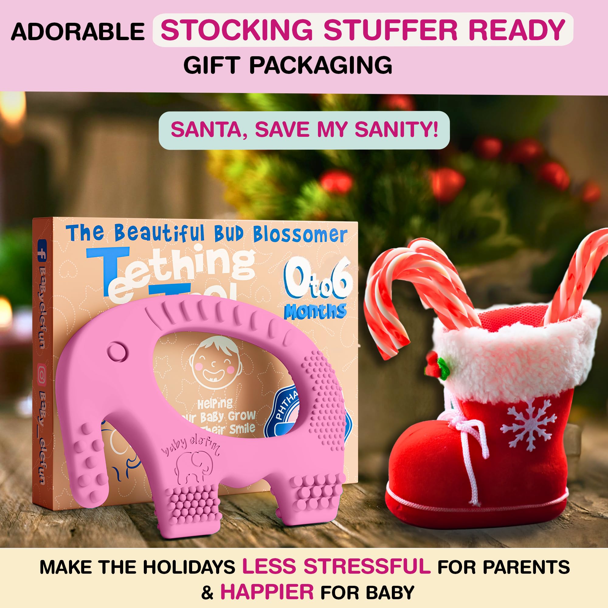 Baby Elefun teether with five textured nubs for varied gum comfort.